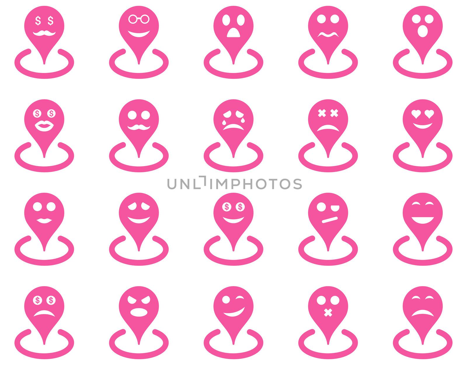 Smiled location icons. Glyph set style is flat images, pink symbols, isolated on a white background.