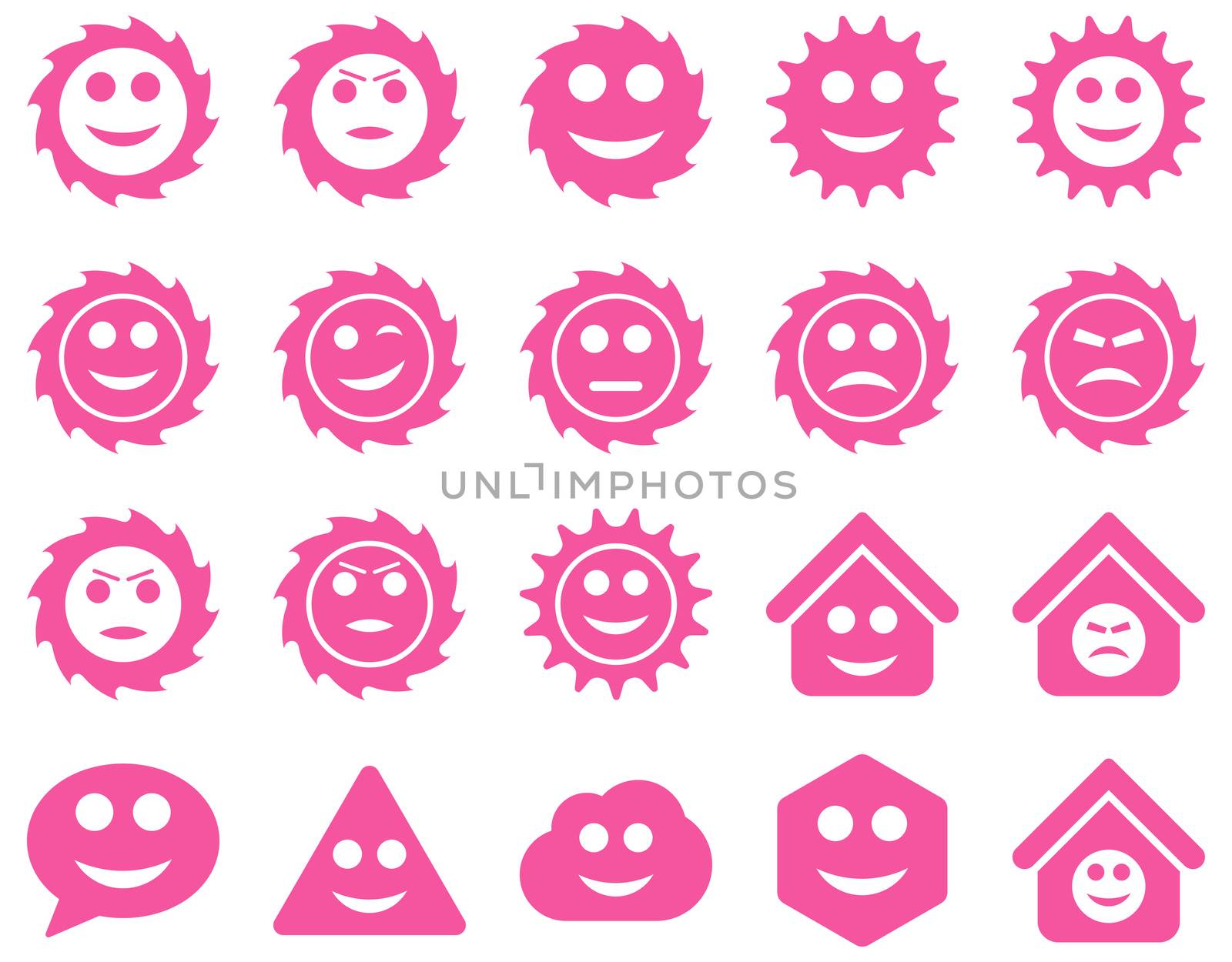 Tools, gears, smiles, emotions icons. Glyph set style is flat images, pink symbols, isolated on a white background.