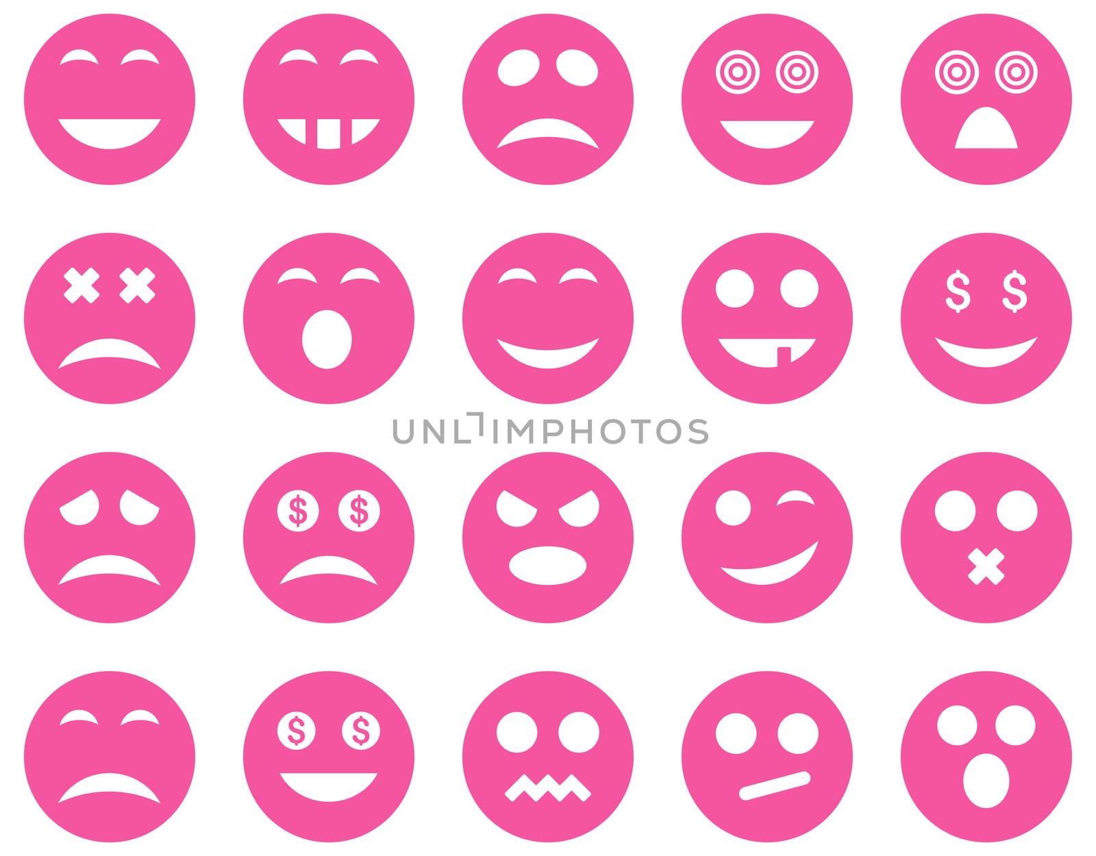 Smile and emotion icons. Glyph set style is flat images, pink symbols, isolated on a white background.