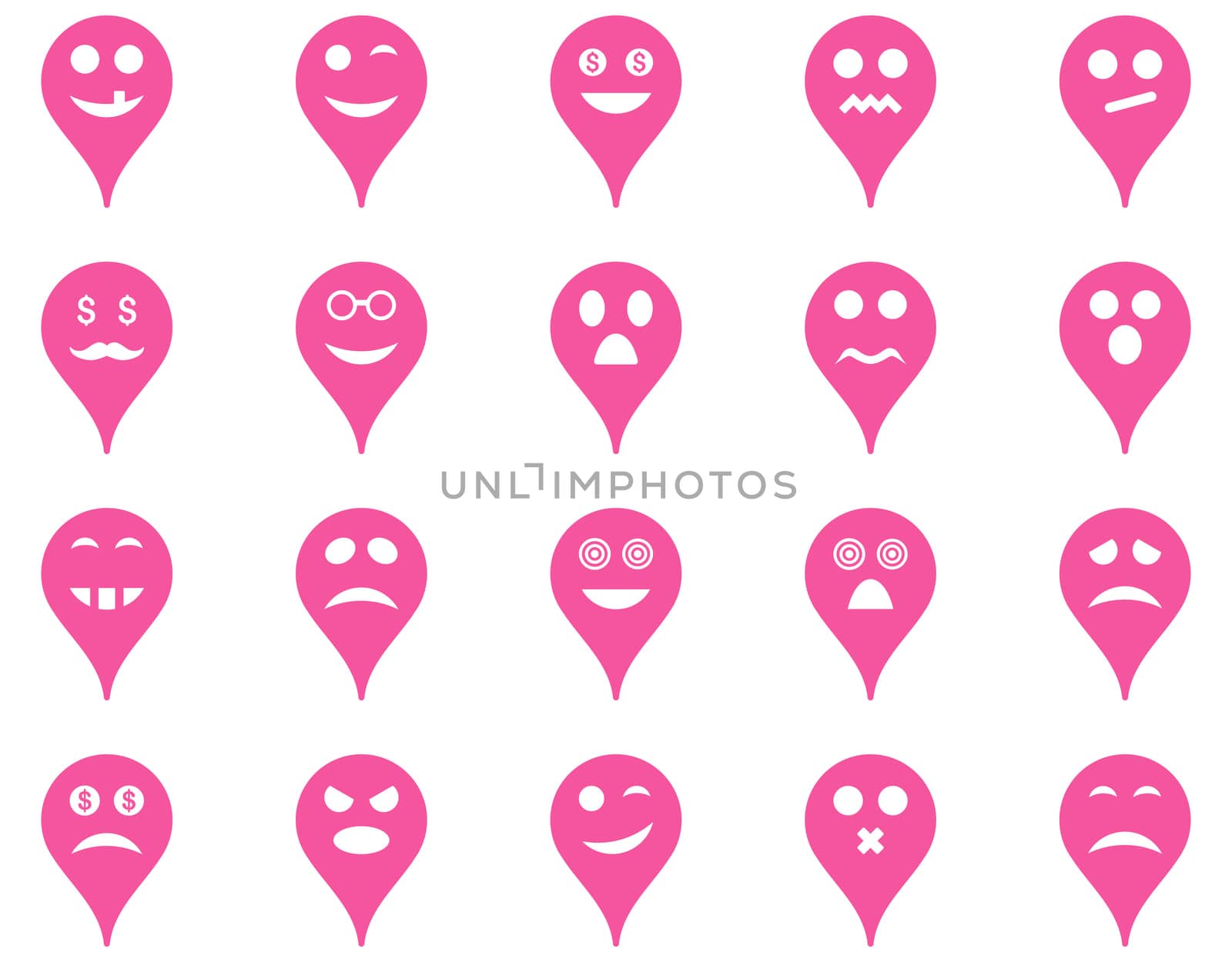 Emotion map marker icons. Glyph set style is flat images, pink symbols, isolated on a white background.