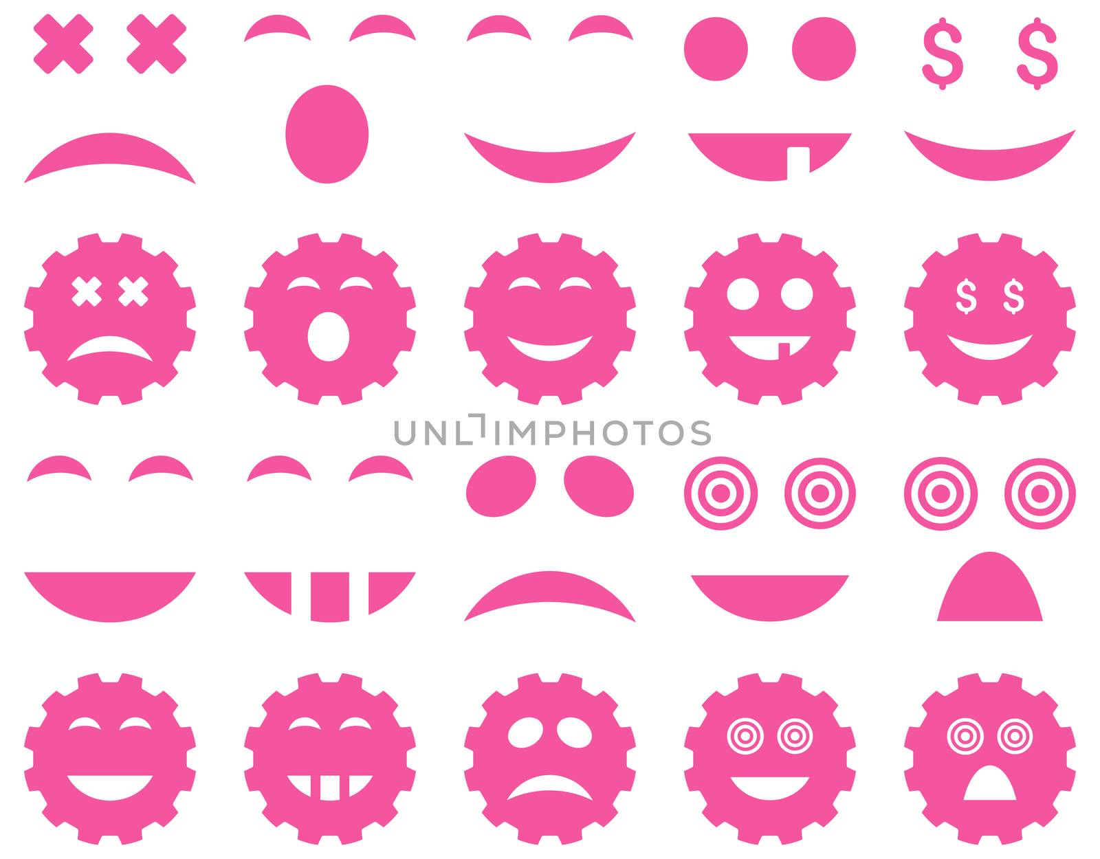 Tool, gear, smile, emotion icons. Glyph set style is flat images, pink symbols, isolated on a white background.