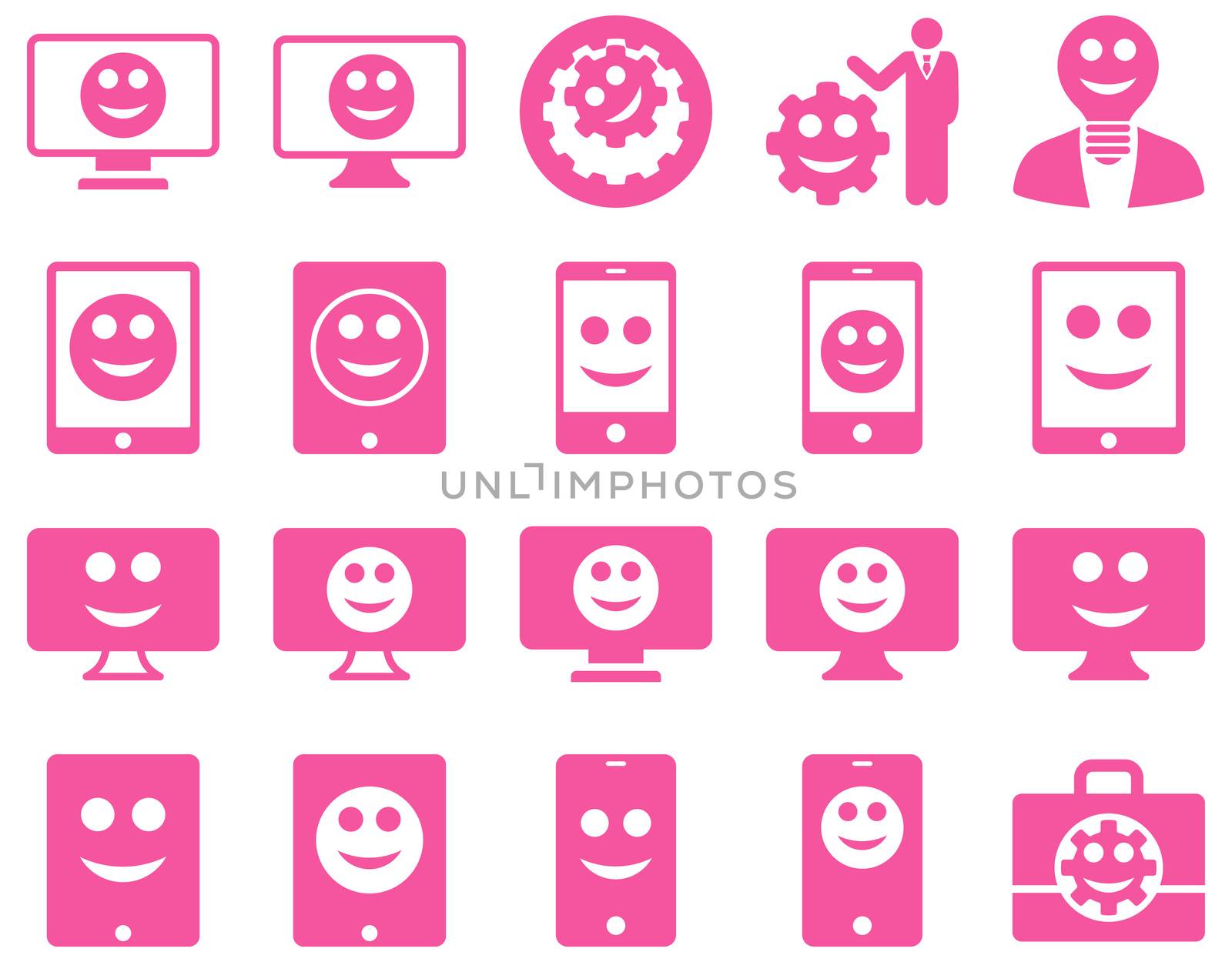 Tools, options, smiles, displays, devices icons. Glyph set style is flat images, pink symbols, isolated on a white background.