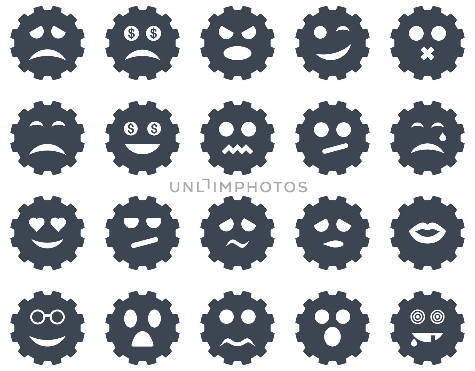 Gear emotion icons. Glyph set style is flat images, smooth blue symbols, isolated on a white background.