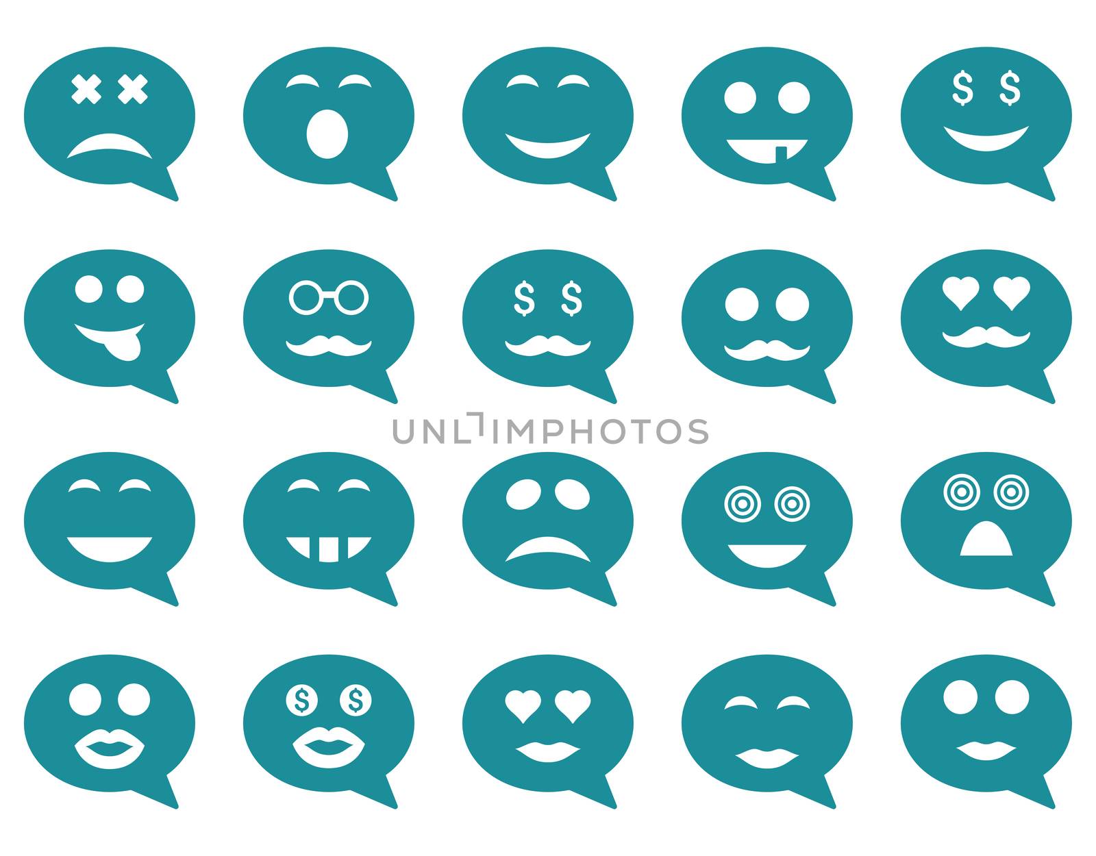 Chat emotion smile icons. Glyph set style is flat images, soft blue symbols, isolated on a white background.