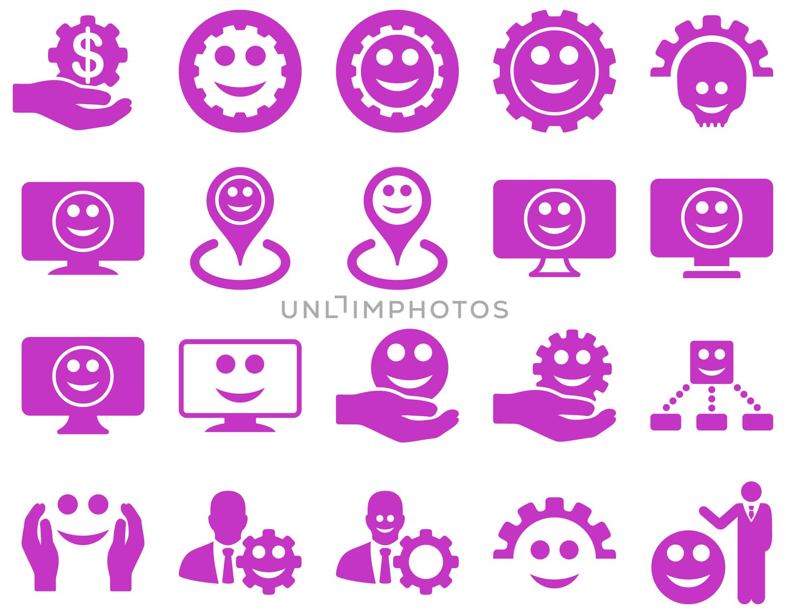 Tools, gears, smiles, map markers icons. Glyph set style is flat images, violet symbols, isolated on a white background.