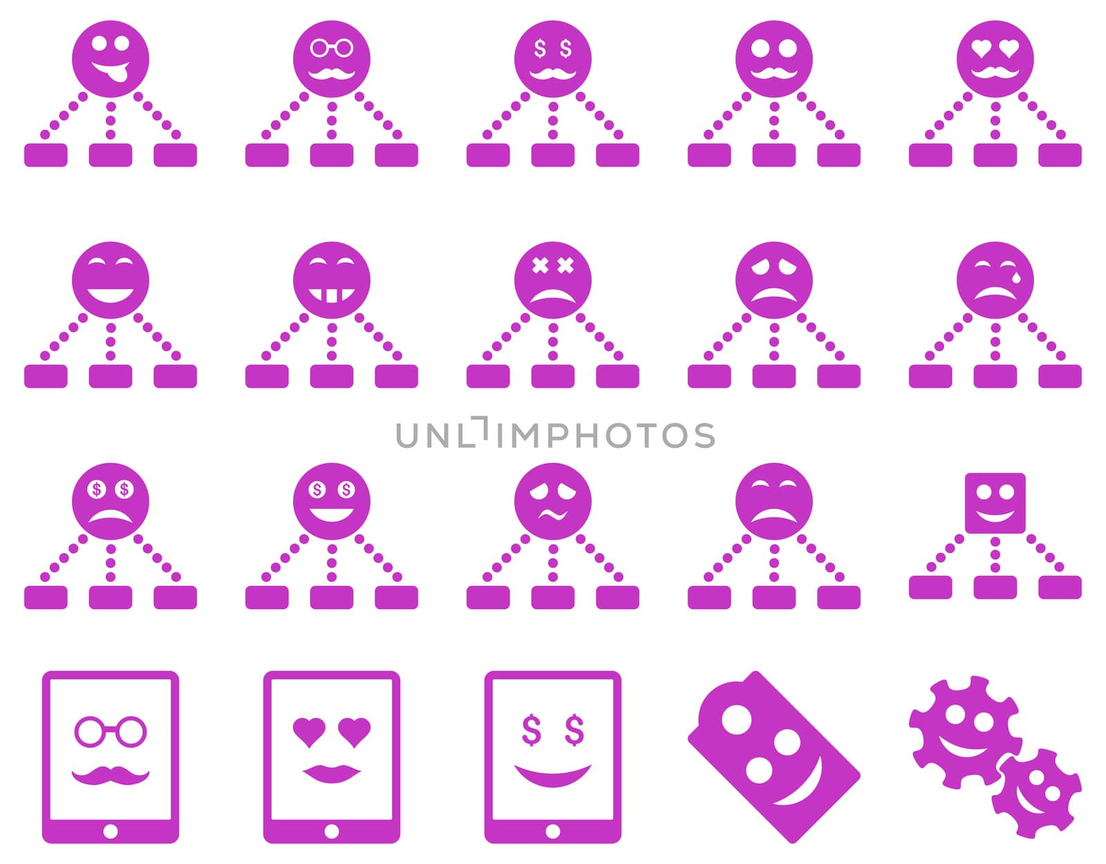 Smile, emotion, relations and tablet icons. Glyph set style is flat images, violet symbols, isolated on a white background.