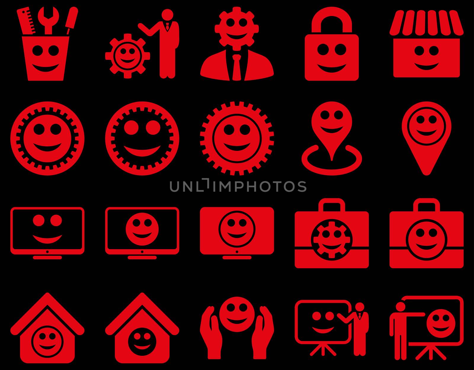 Tools, gears, smiles, management icons. Glyph set style is flat images, red symbols, isolated on a black background.