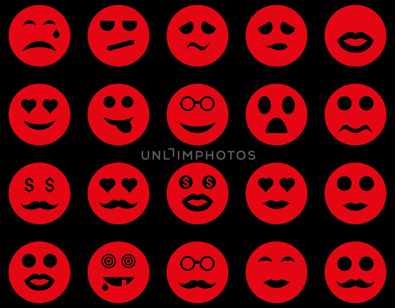 Smile and emotion icons. Glyph set style is flat images, red symbols, isolated on a black background.