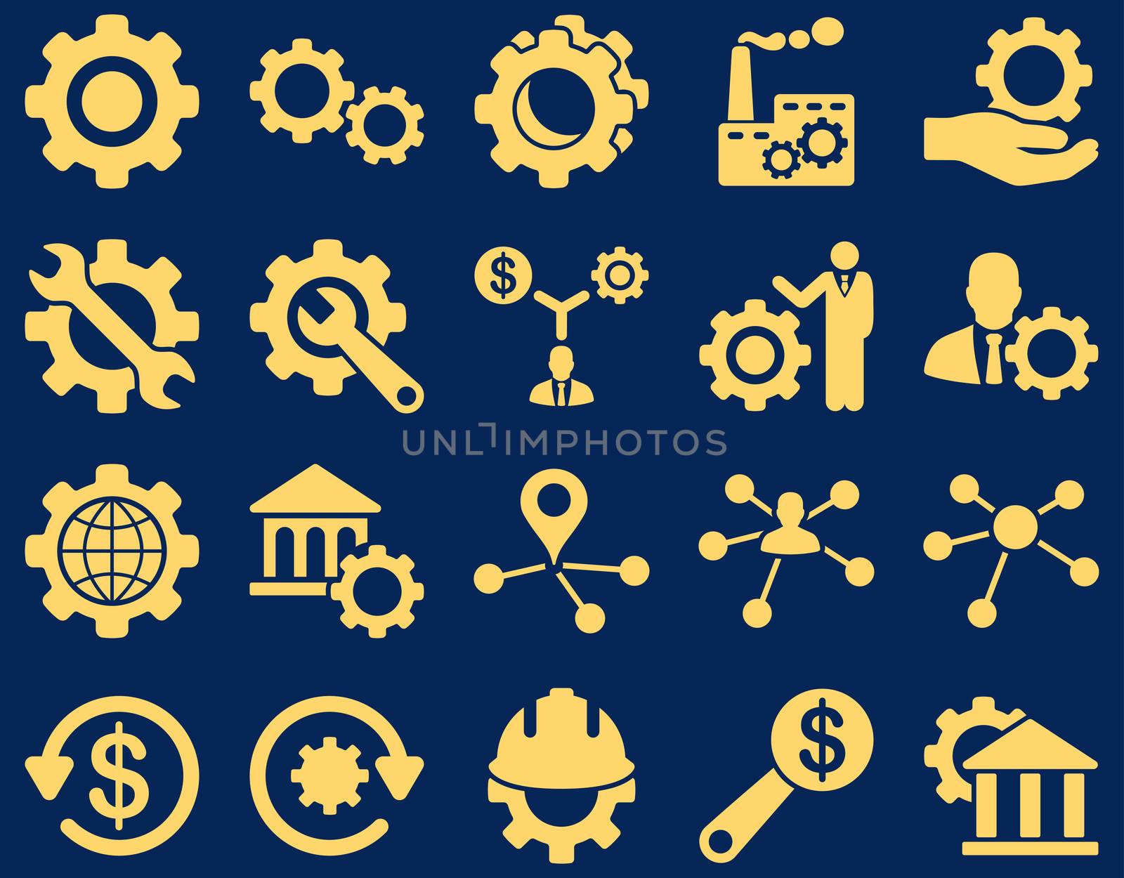 Settings and Tools Icons. Glyph set style is flat images, yellow color, isolated on a blue background.