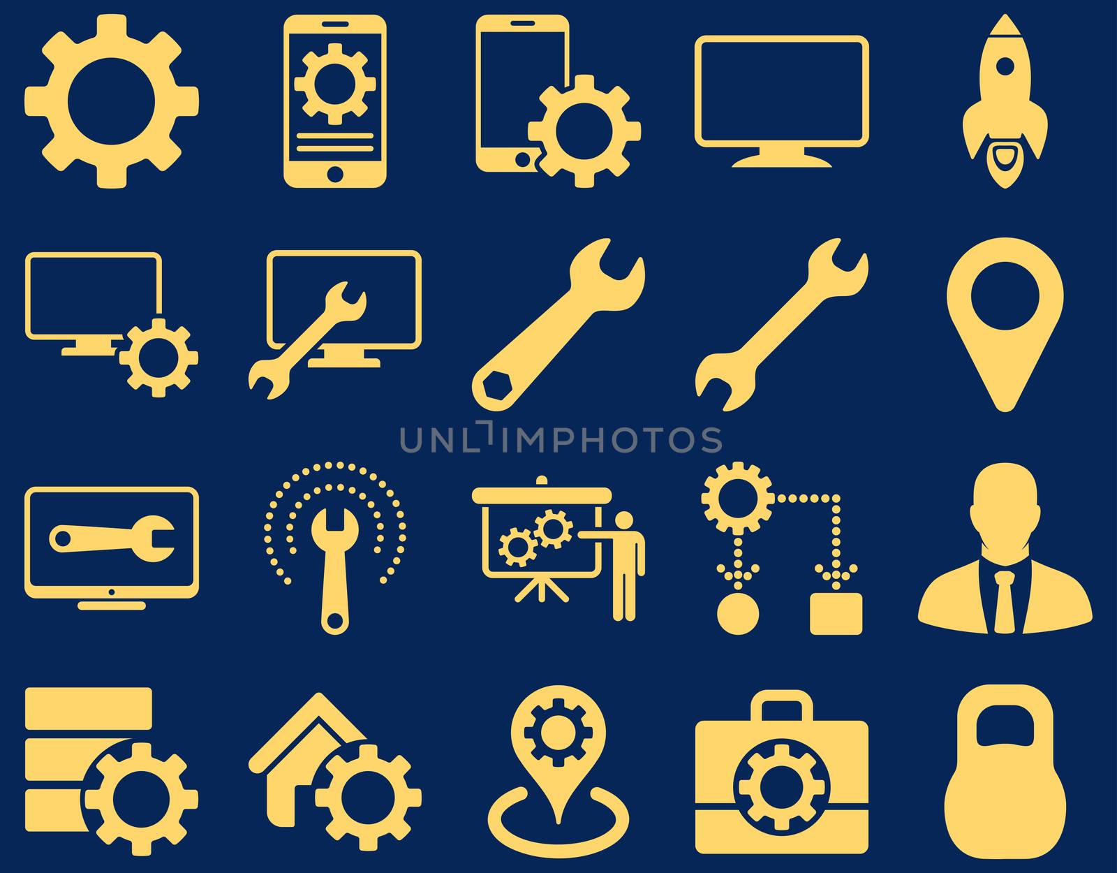 Settings and Tools Icons. Glyph set style is flat images, yellow color, isolated on a blue background.