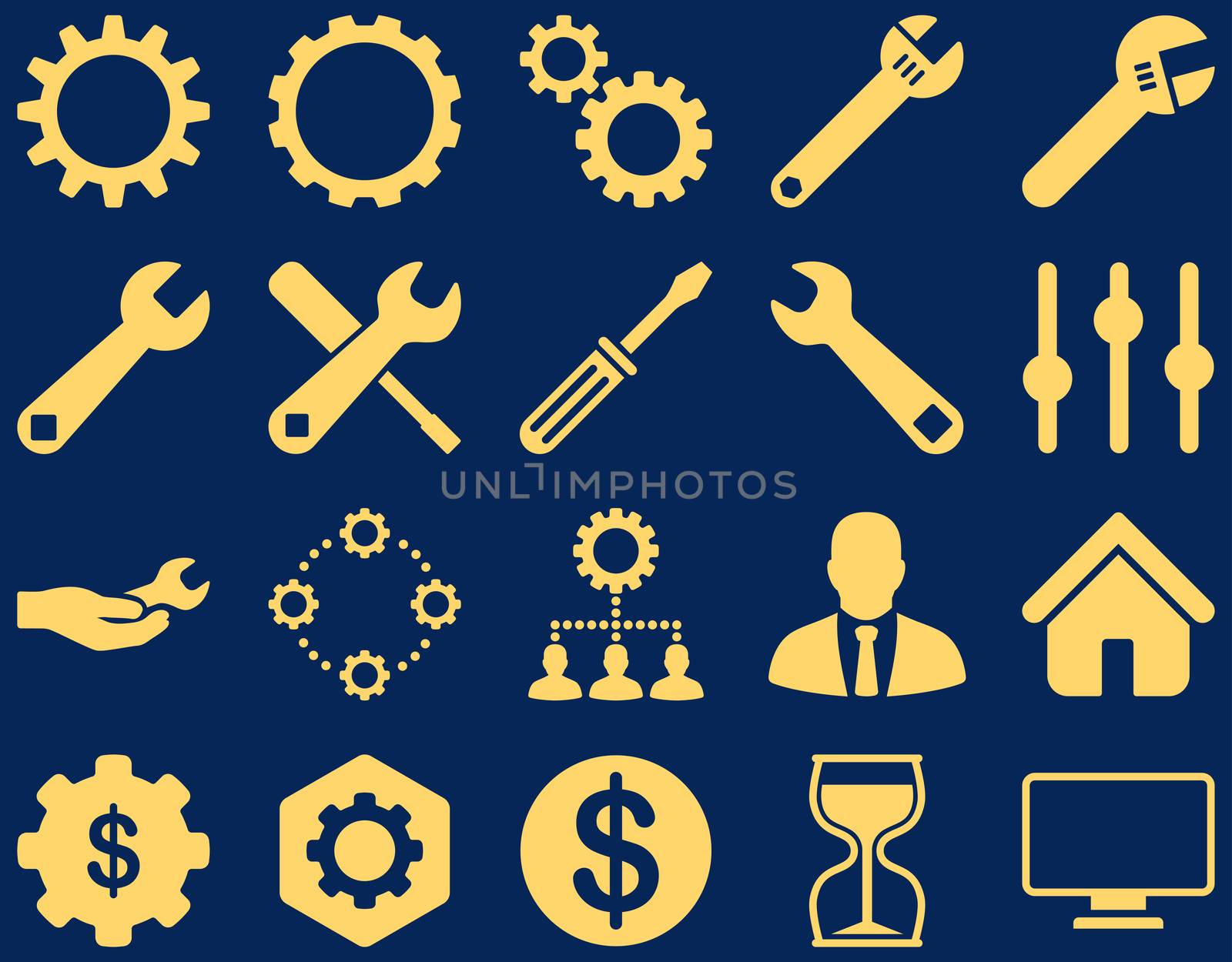 Settings and Tools Icons. Glyph set style is flat images, yellow color, isolated on a blue background.