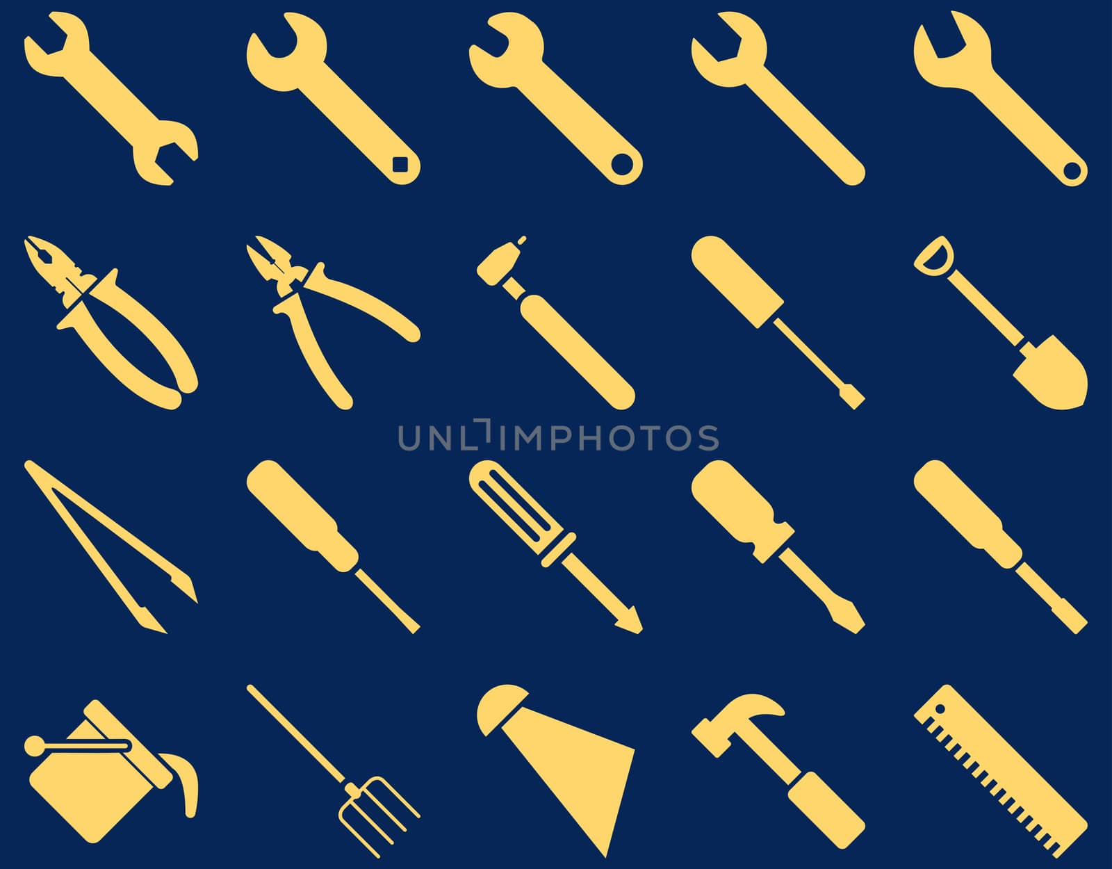 Equipment and Tools Icons. Glyph set style is flat images, yellow color, isolated on a blue background.