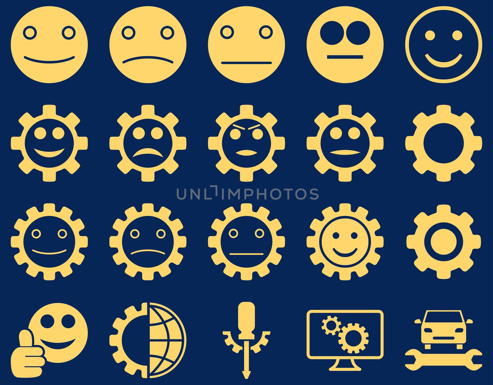 Tools and Smile Gears Icons. Glyph set style is flat images, yellow color, isolated on a blue background.