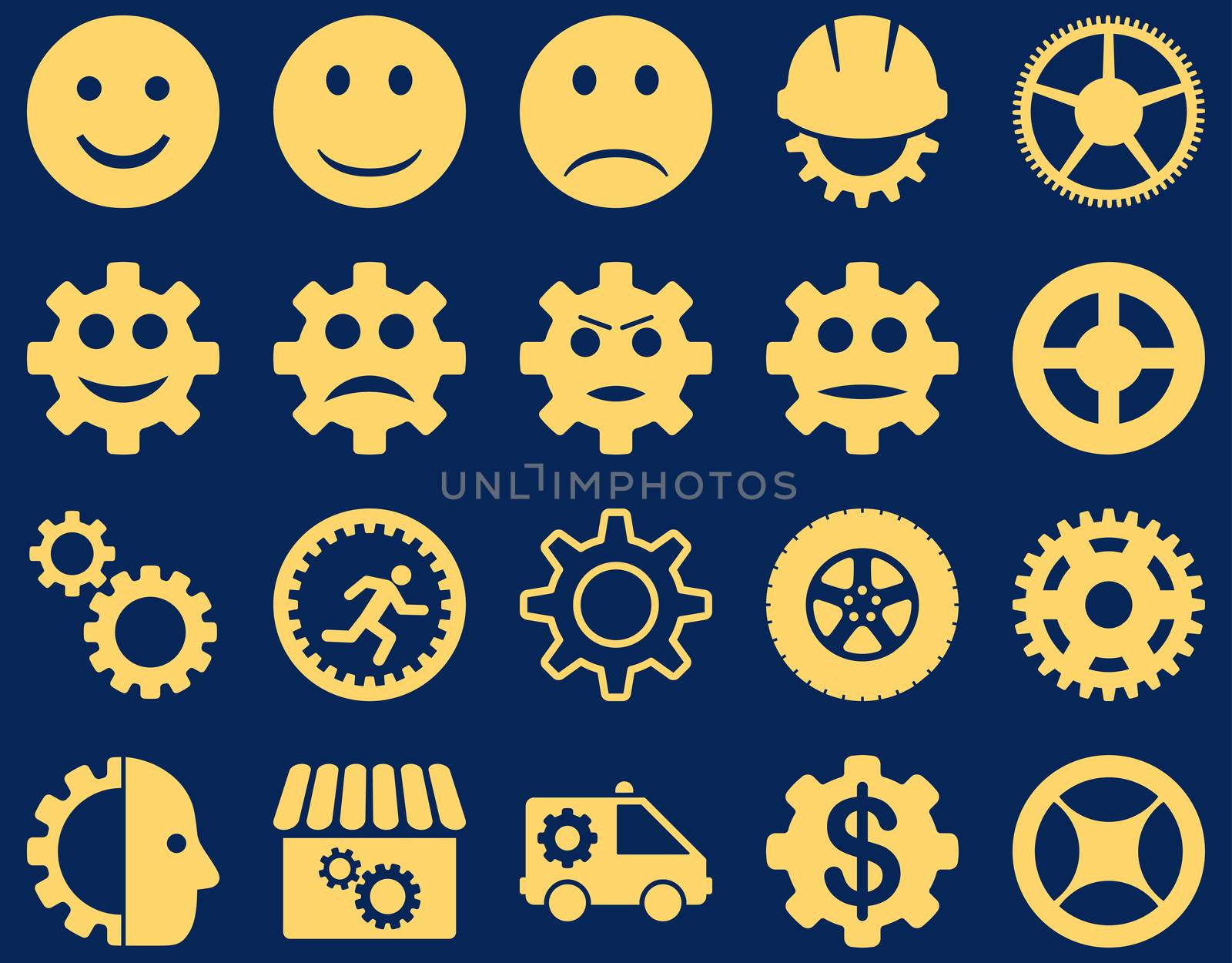 Tools and Smile Gears Icons. Glyph set style is flat images, yellow color, isolated on a blue background.