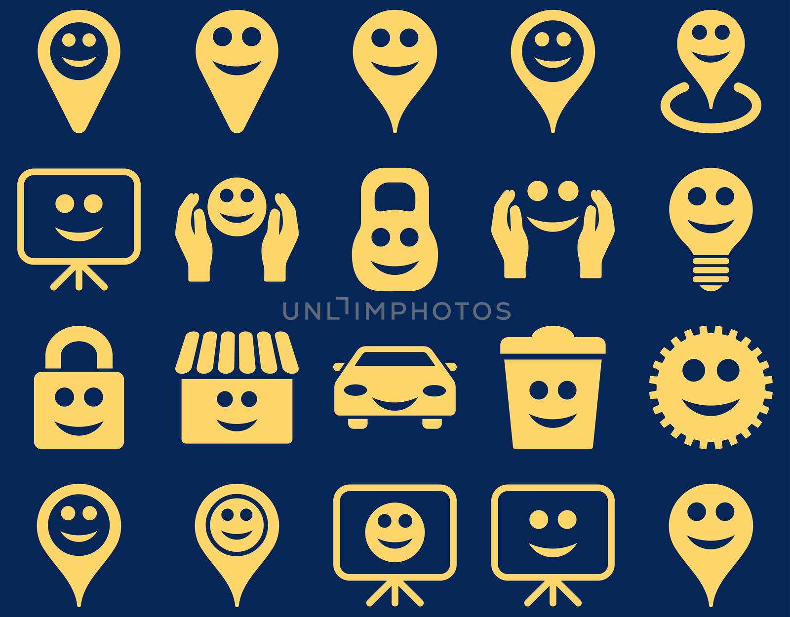 Tools, options, smiles, objects icons. Glyph set style is flat images, yellow symbols, isolated on a blue background.