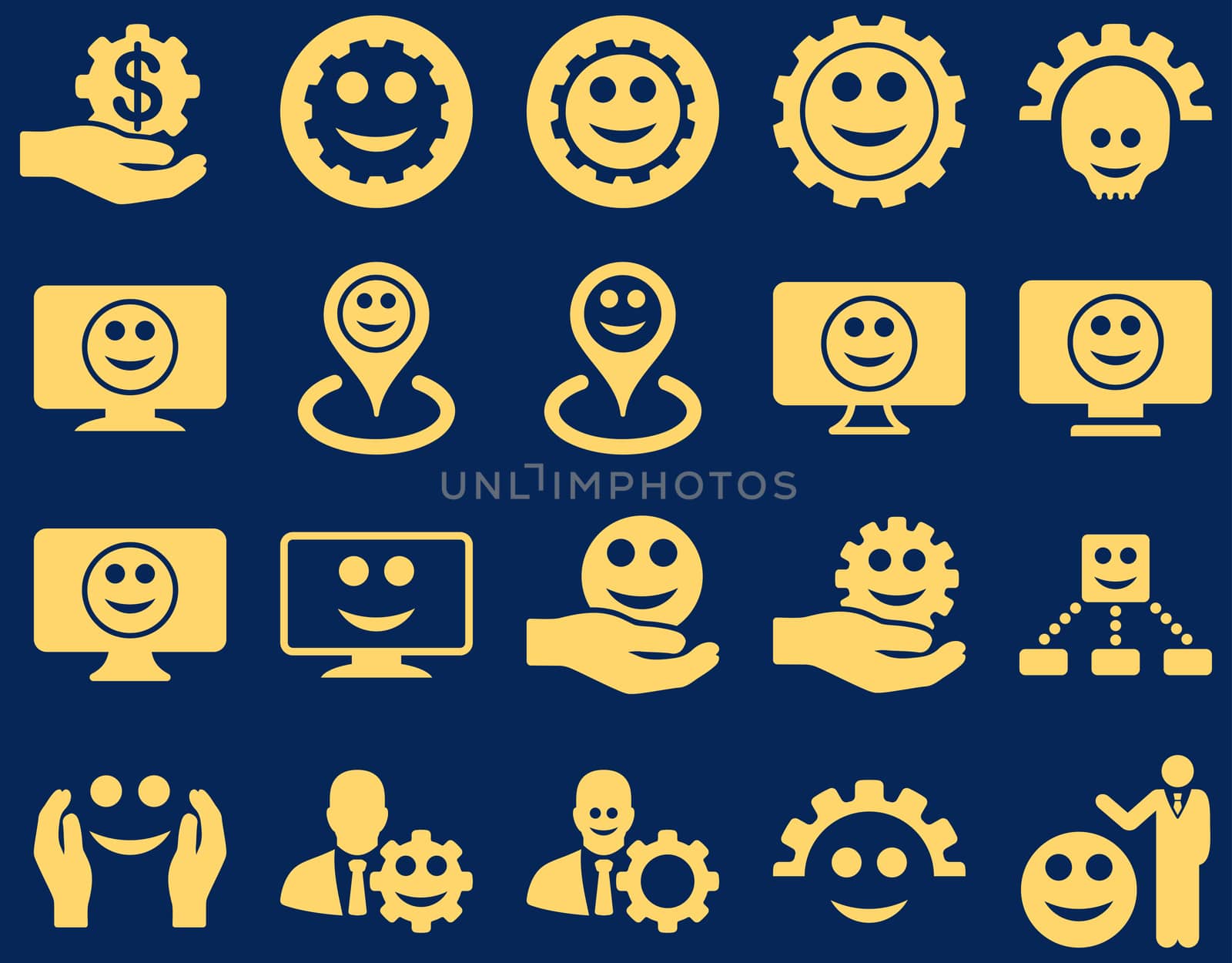 Tools, gears, smiles, map markers icons. Glyph set style is flat images, yellow symbols, isolated on a blue background.