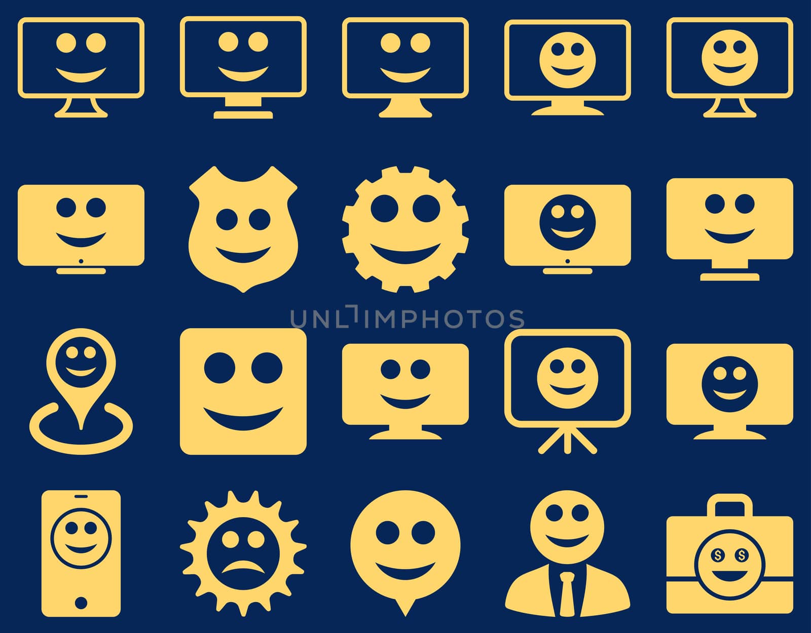 Tools, gears, smiles, dilspays icons. Glyph set style is flat images, yellow symbols, isolated on a blue background.