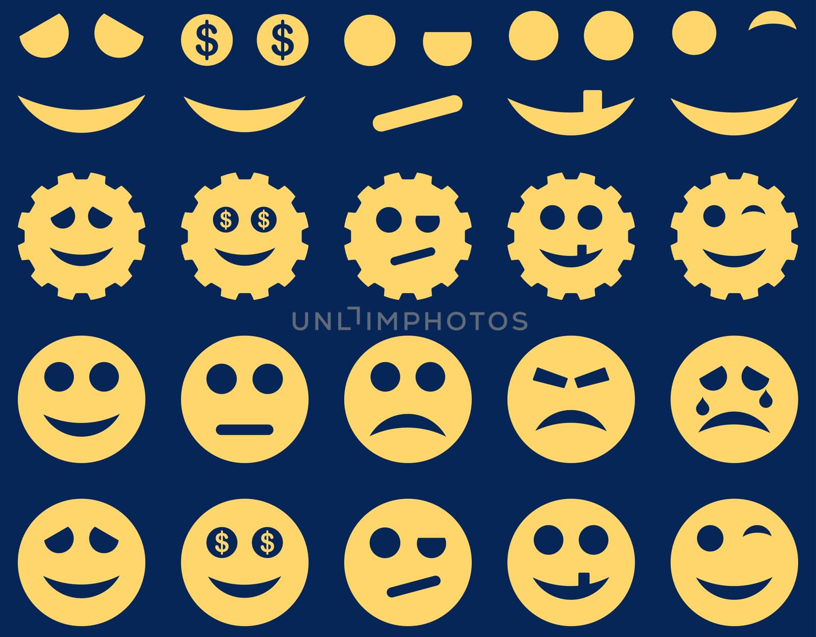 Tools, gears, smiles, emoticons icons. Glyph set style is flat images, yellow symbols, isolated on a blue background.