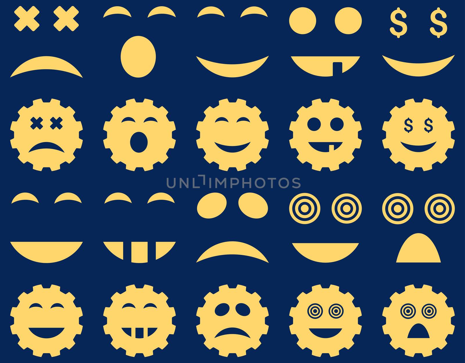 Tool, gear, smile, emotion icons. Glyph set style is flat images, yellow symbols, isolated on a blue background.