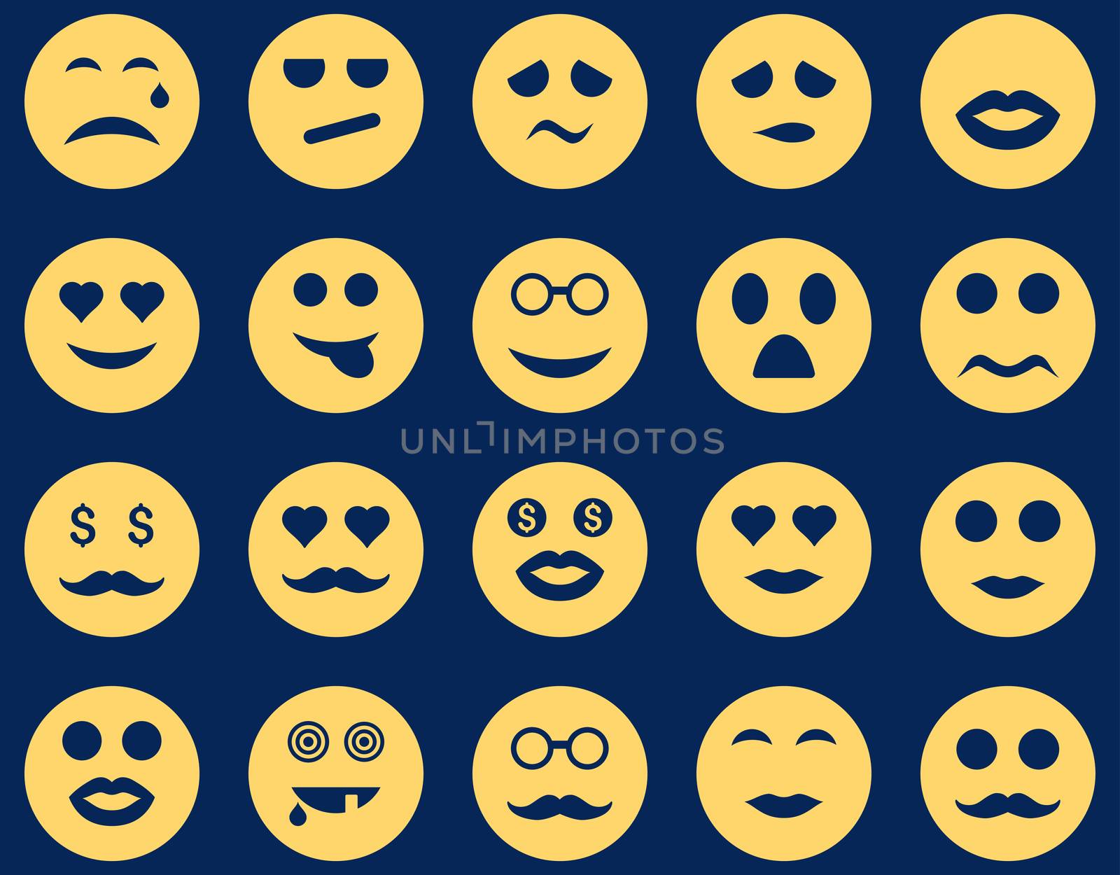 Smile and emotion icons. Glyph set style is flat images, yellow symbols, isolated on a blue background.