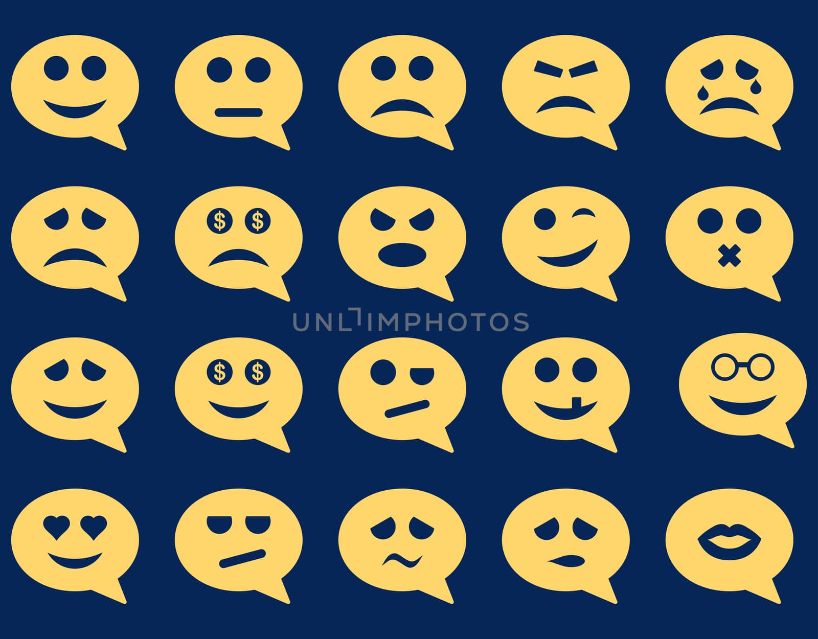 Chat emotion smile icons. Glyph set style is flat images, yellow symbols, isolated on a blue background.