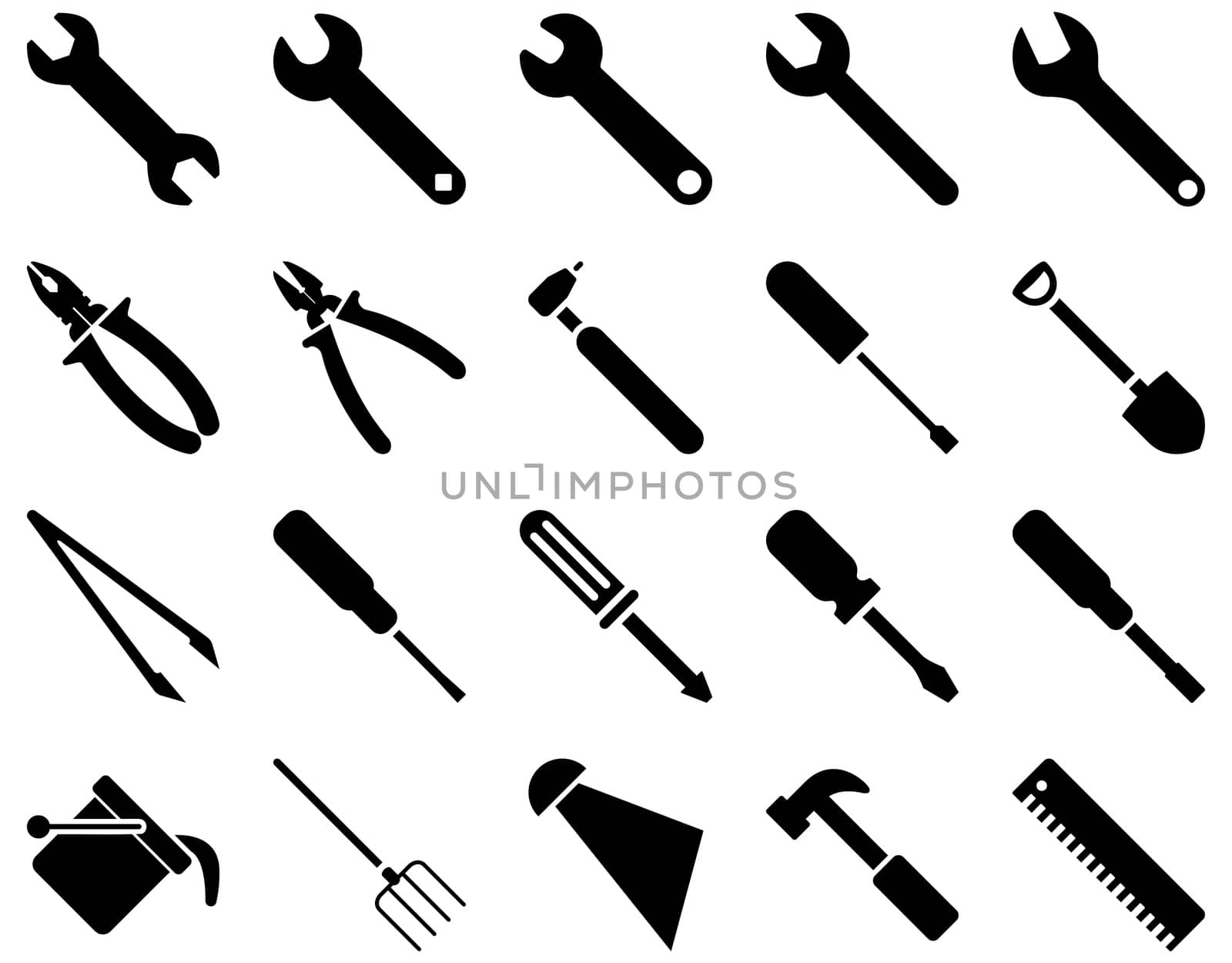 Equipment and Tools Icons. Glyph set style is flat images, black color, isolated on a white background.