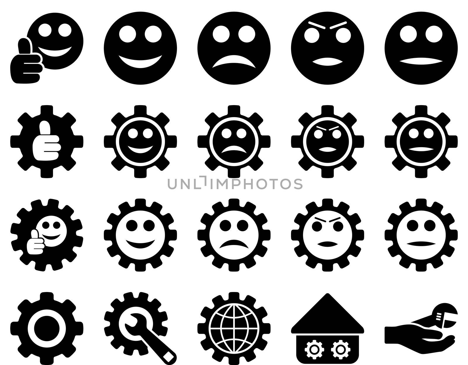 Settings and Smile Gears Icons. Glyph set style is flat images, black color, isolated on a white background.