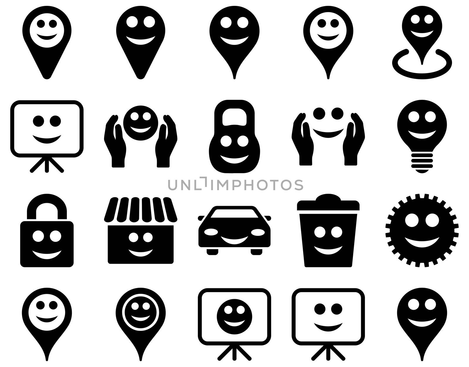 Tools, options, smiles, objects icons. Glyph set style is flat images, black symbols, isolated on a white background.