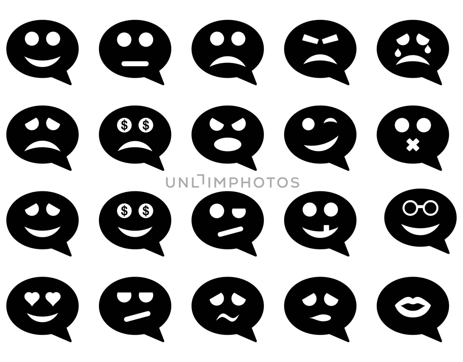 Chat emotion smile icons. Glyph set style is flat images, black symbols, isolated on a white background.