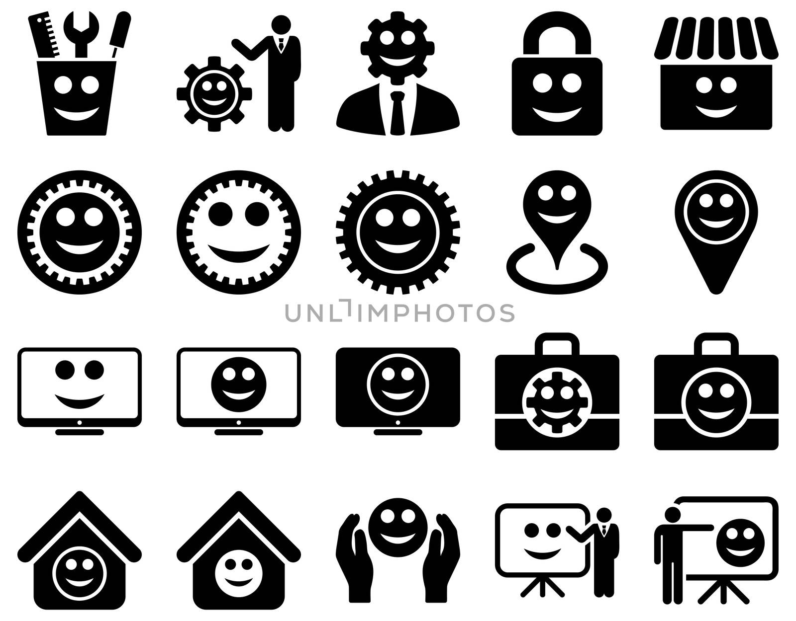 Tools, gears, smiles, management icons. by ahasoft