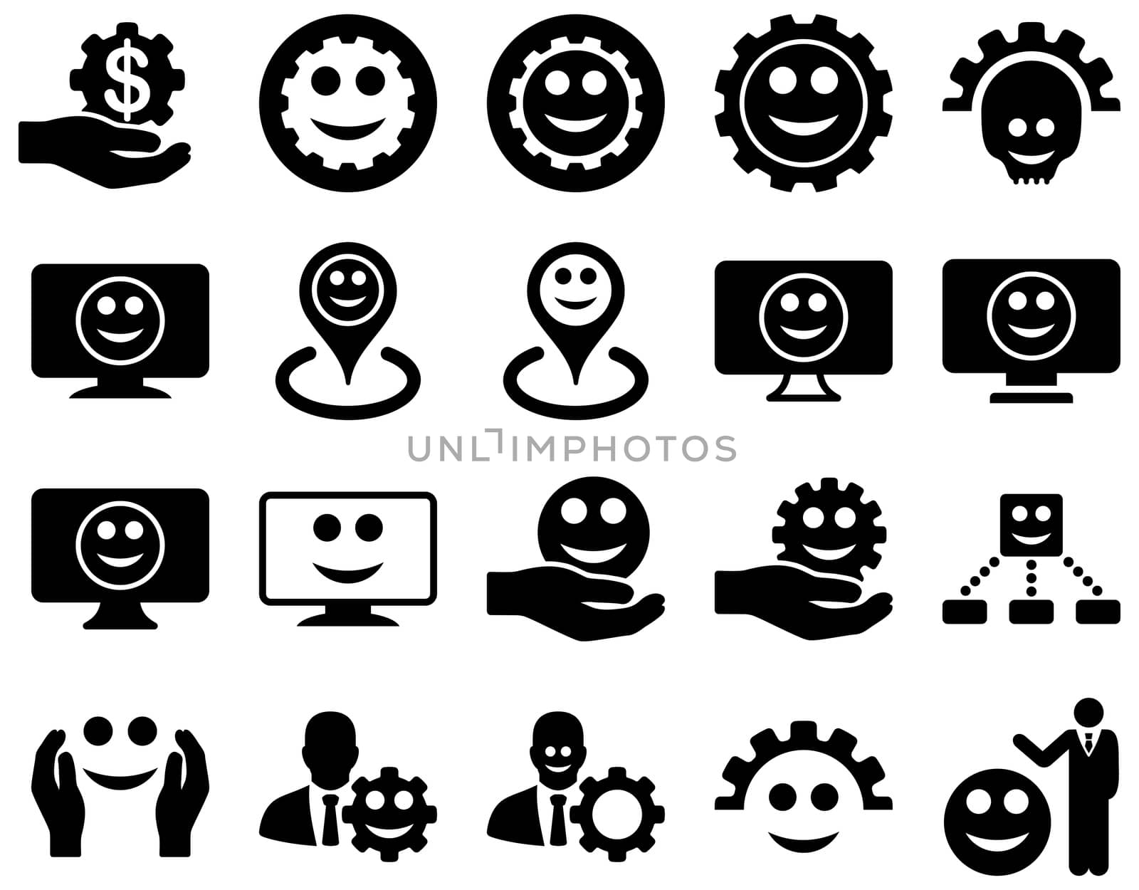 Tools, gears, smiles, map markers icons. Glyph set style is flat images, black symbols, isolated on a white background.