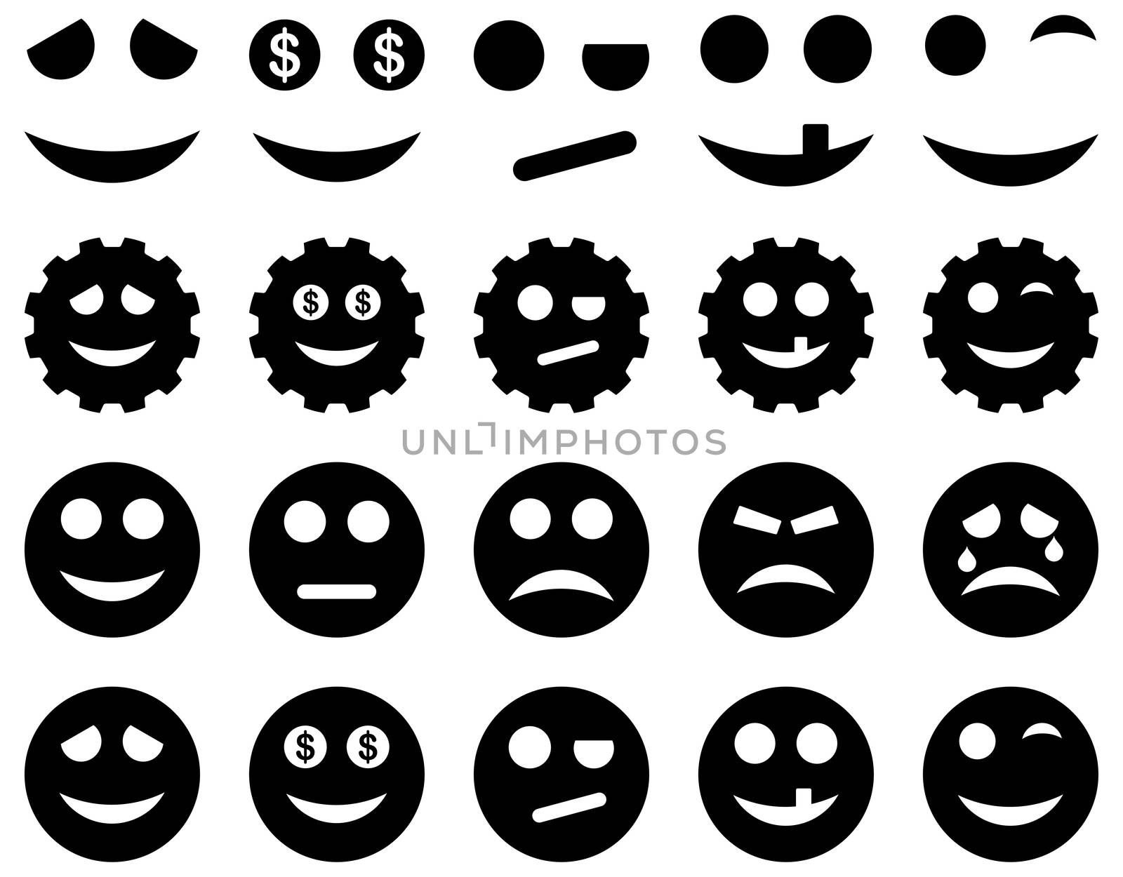 Tools, gears, smiles, emoticons icons. Glyph set style is flat images, black symbols, isolated on a white background.