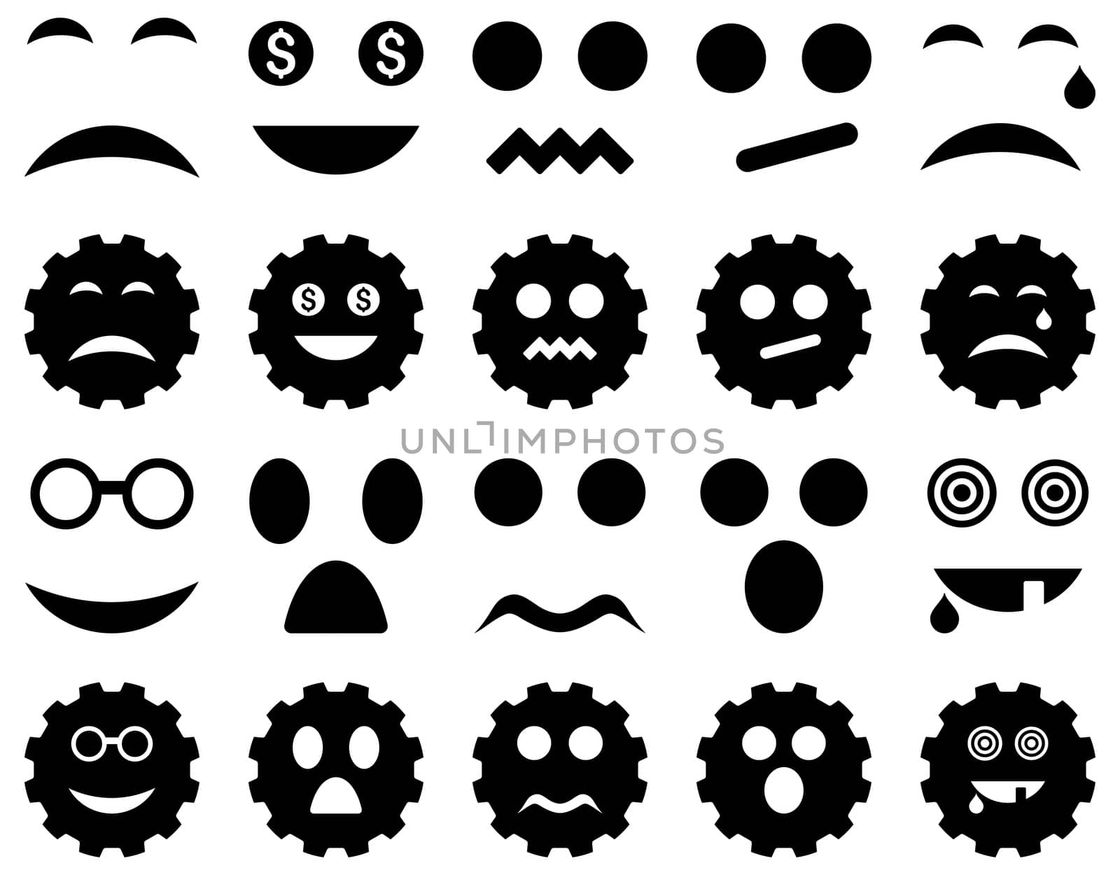Tool, gear, smile, emotion icons. Glyph set style is flat images, black symbols, isolated on a white background.