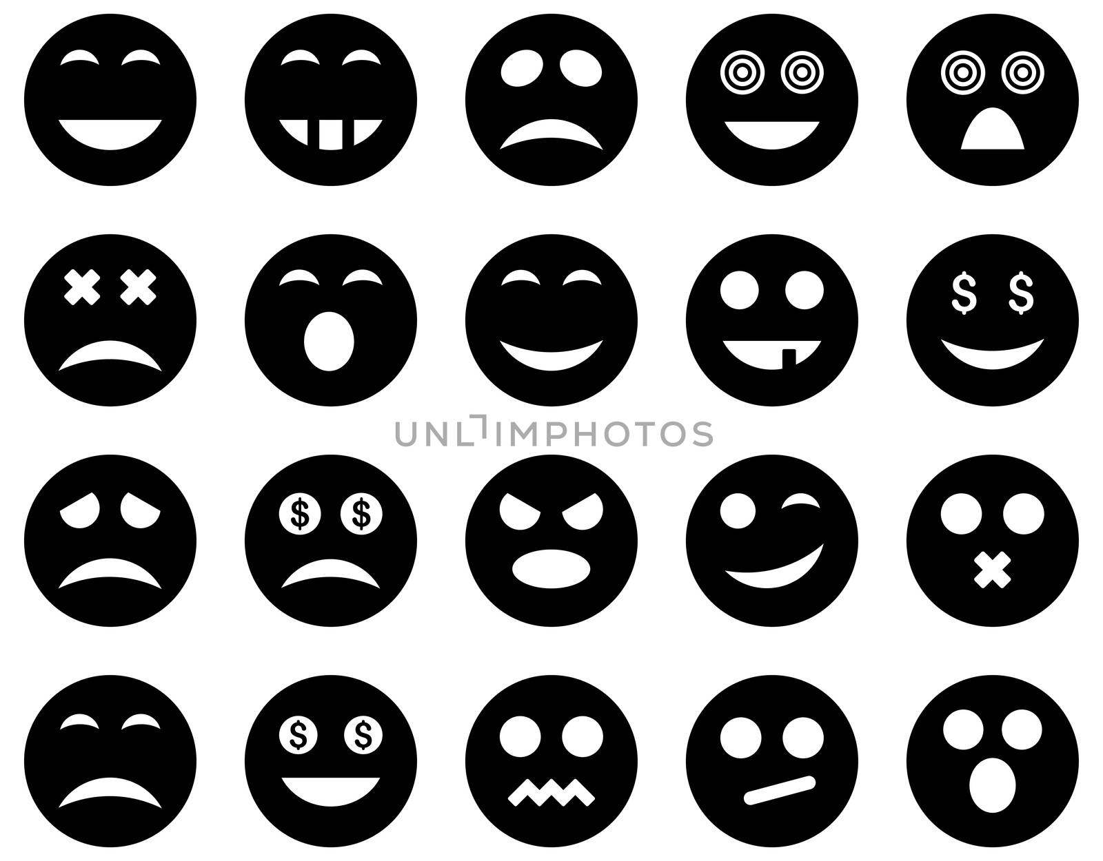 Smile and emotion icons. Glyph set style is flat images, black symbols, isolated on a white background.