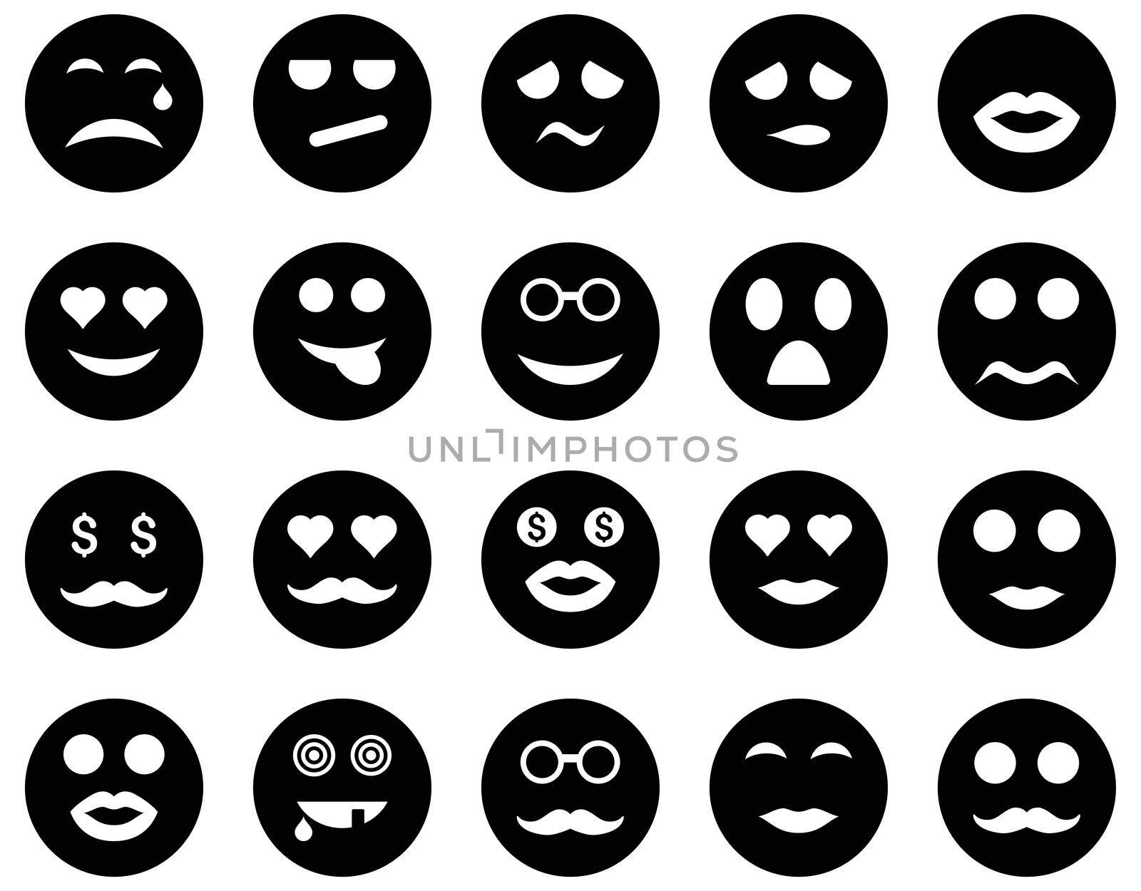 Smile and emotion icons. Glyph set style is flat images, black symbols, isolated on a white background.