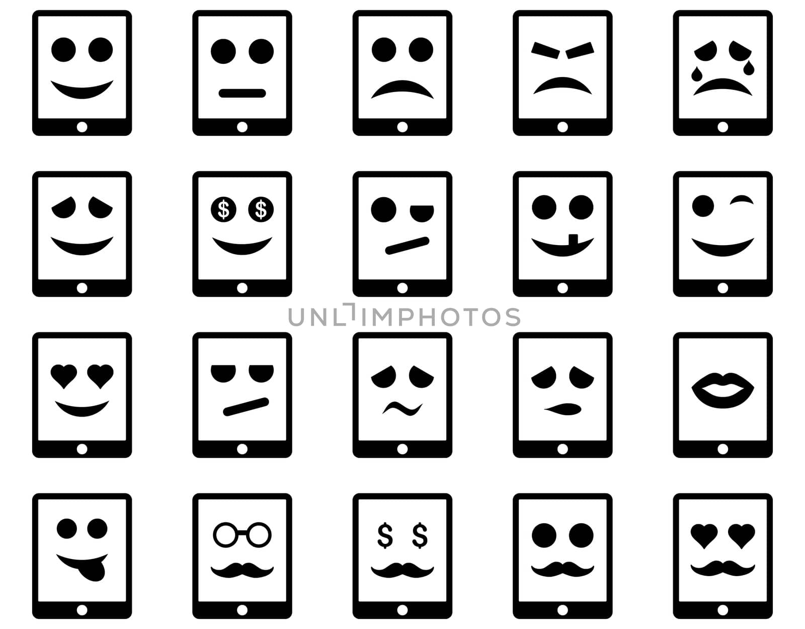 Emotion mobile tablet icons. Glyph set style is flat images, black symbols, isolated on a white background.