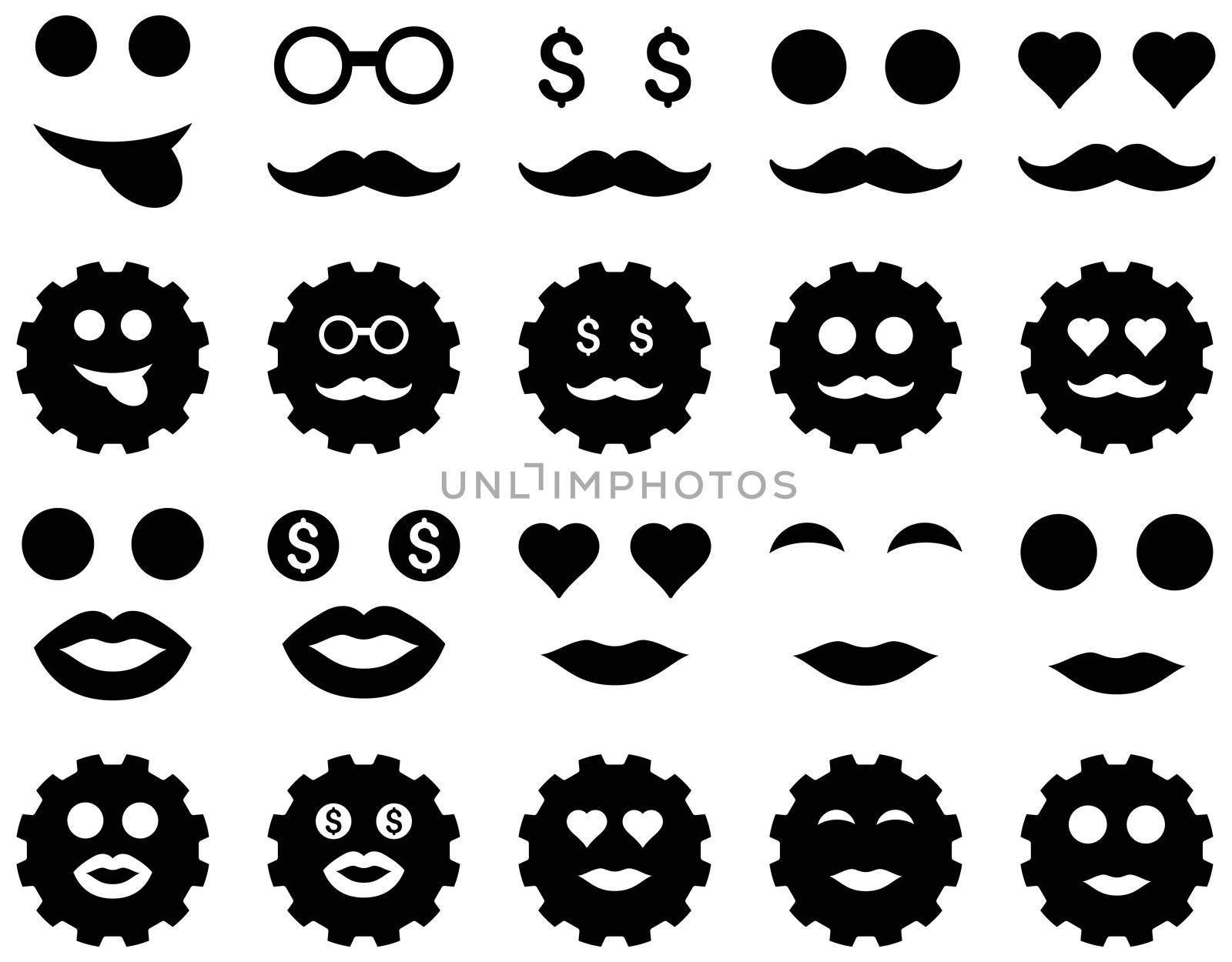 Gear and emotion icons. Glyph set style is flat images, black symbols, isolated on a white background.