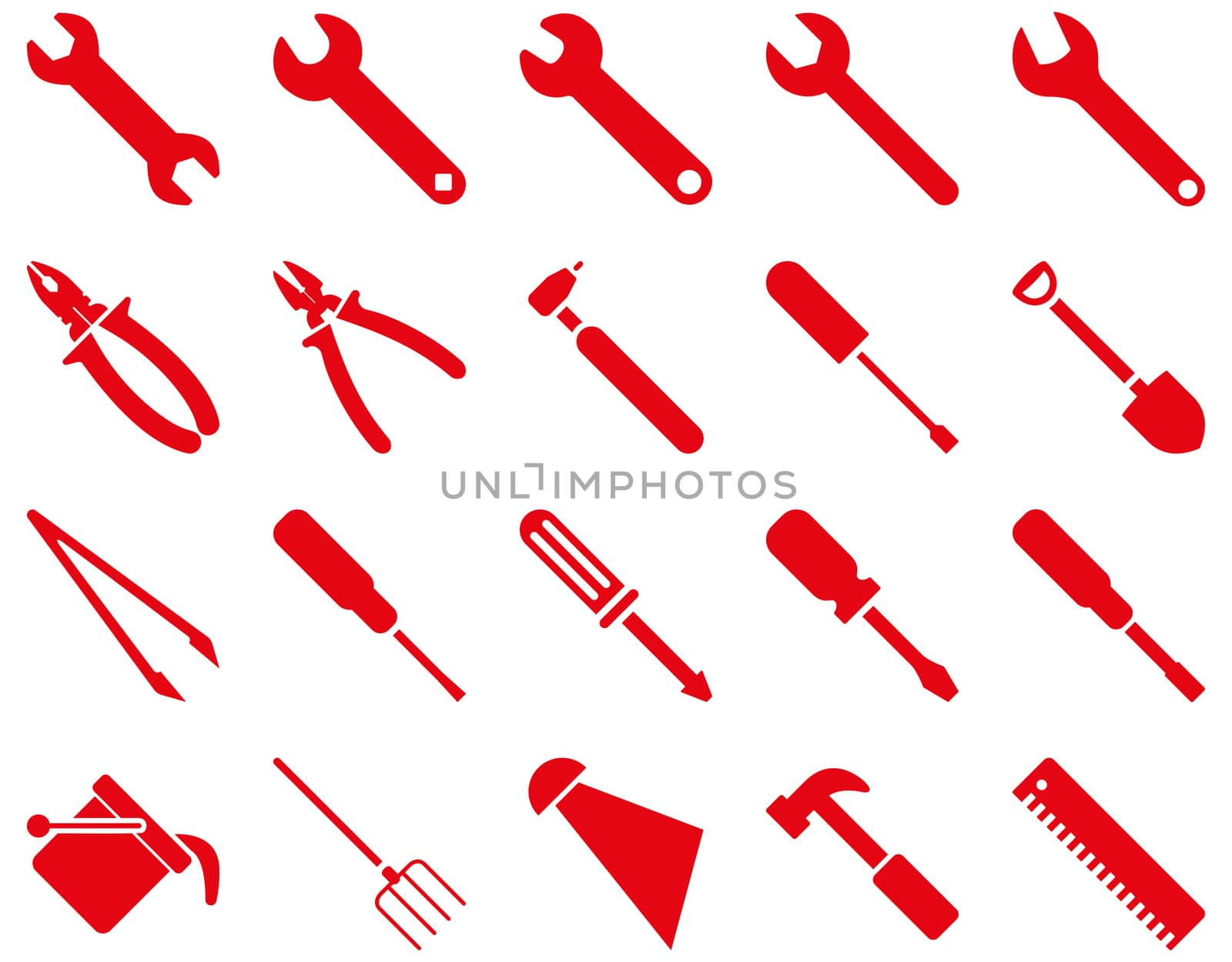 Equipment and Tools Icons. Glyph set style is flat images, red color, isolated on a white background.