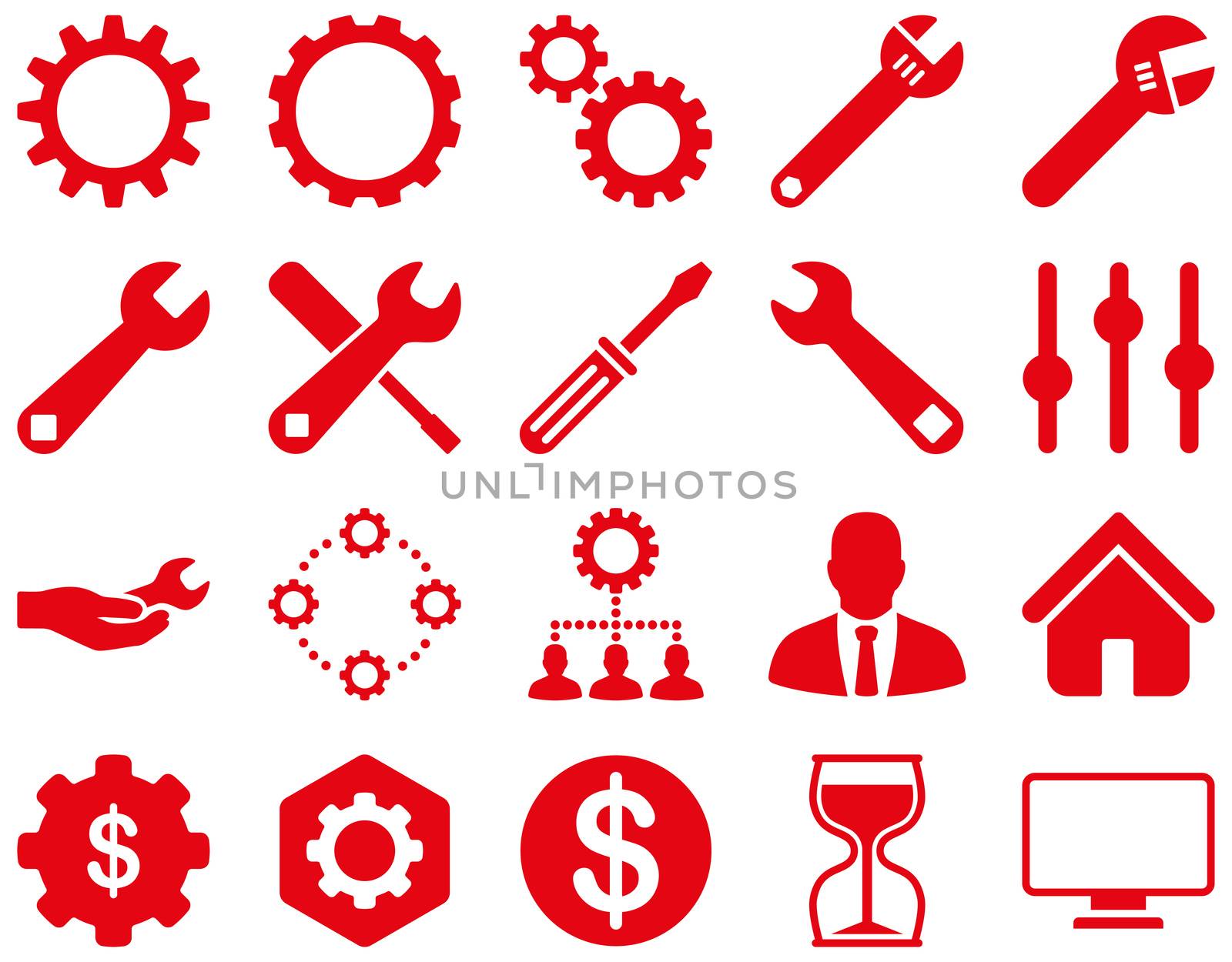 Settings and Tools Icons. Glyph set style is flat images, red color, isolated on a white background.