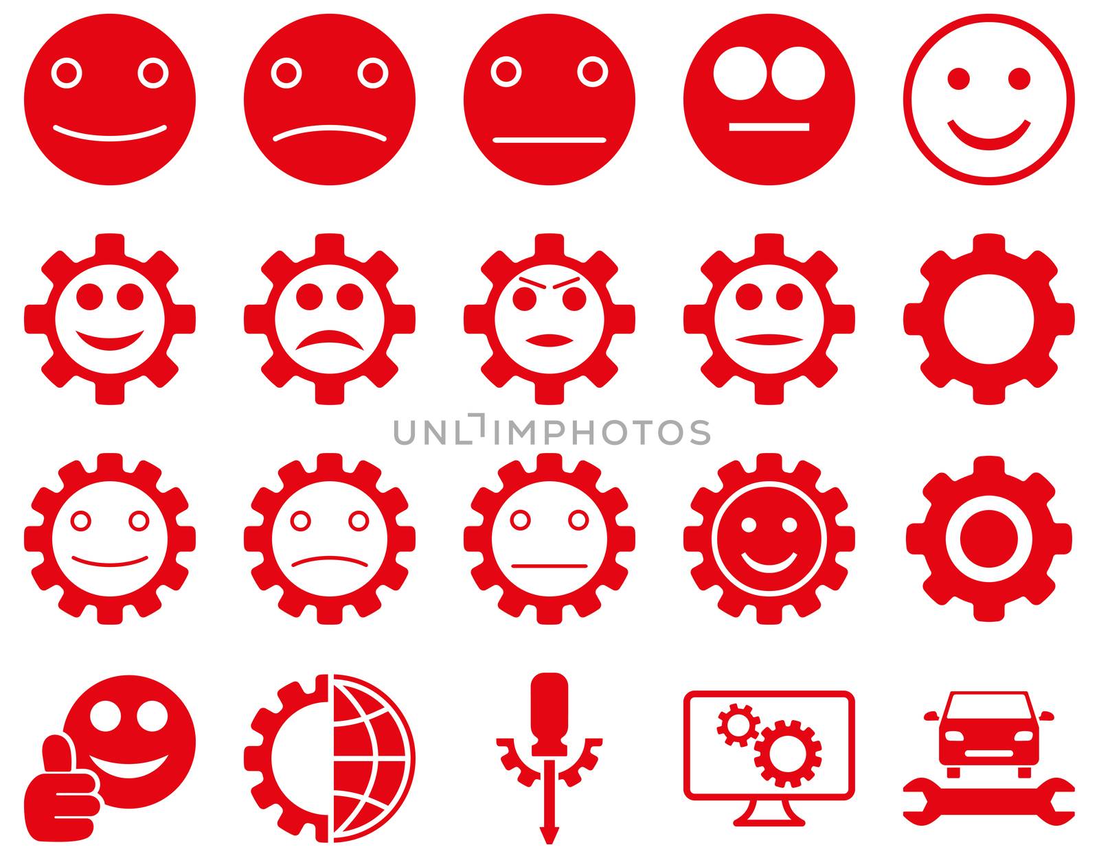 Tools and Smile Gears Icons. Glyph set style is flat images, red color, isolated on a white background.