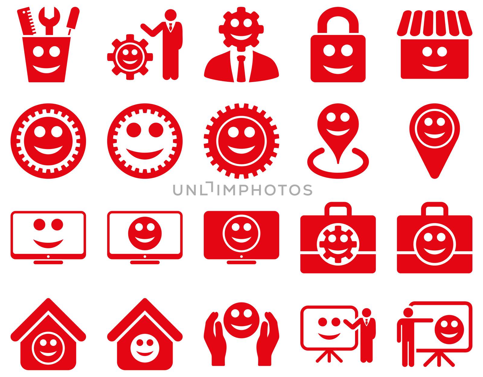 Tools, gears, smiles, management icons. Glyph set style is flat images, red symbols, isolated on a white background.
