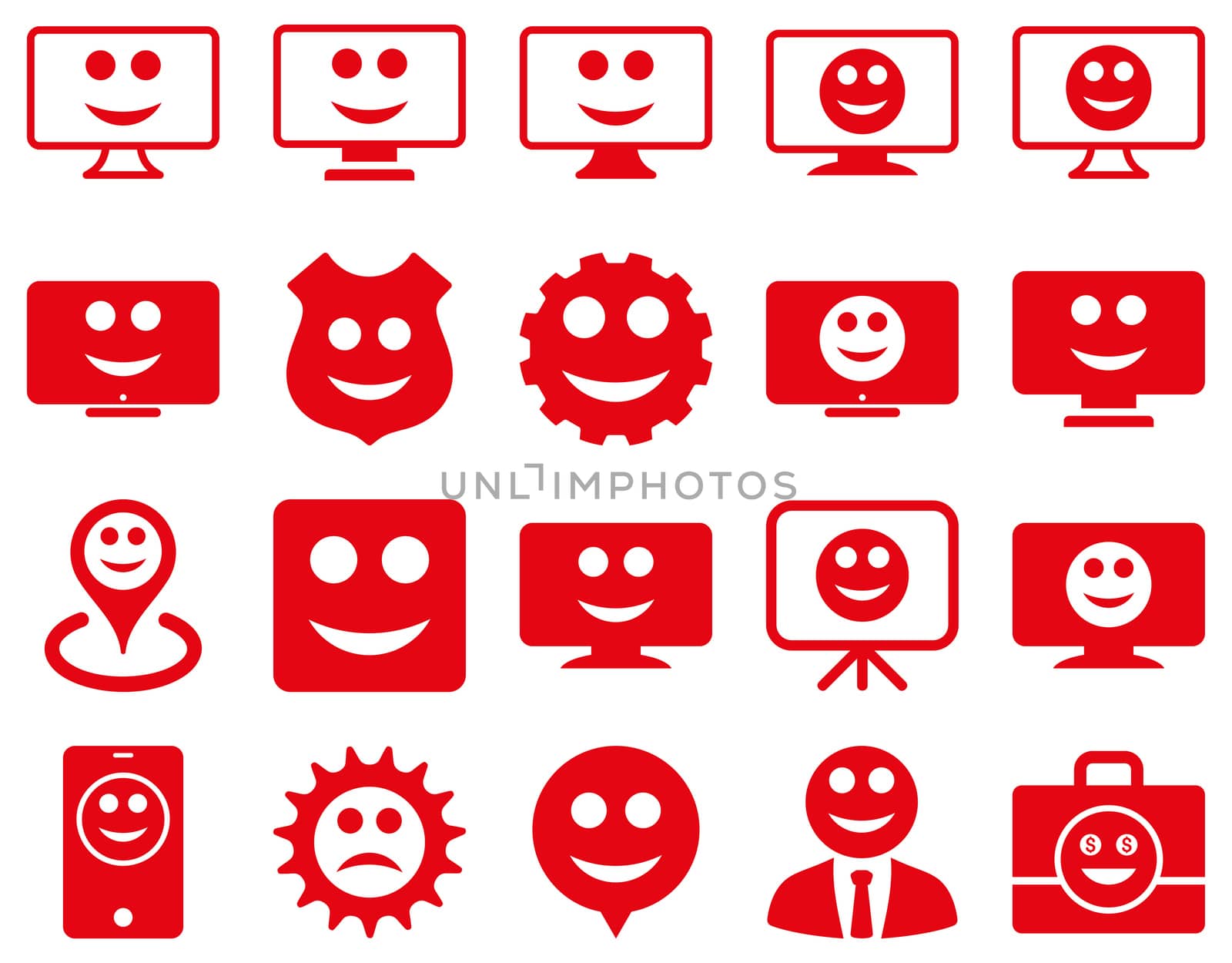 Tools, gears, smiles, dilspays icons. Glyph set style is flat images, red symbols, isolated on a white background.