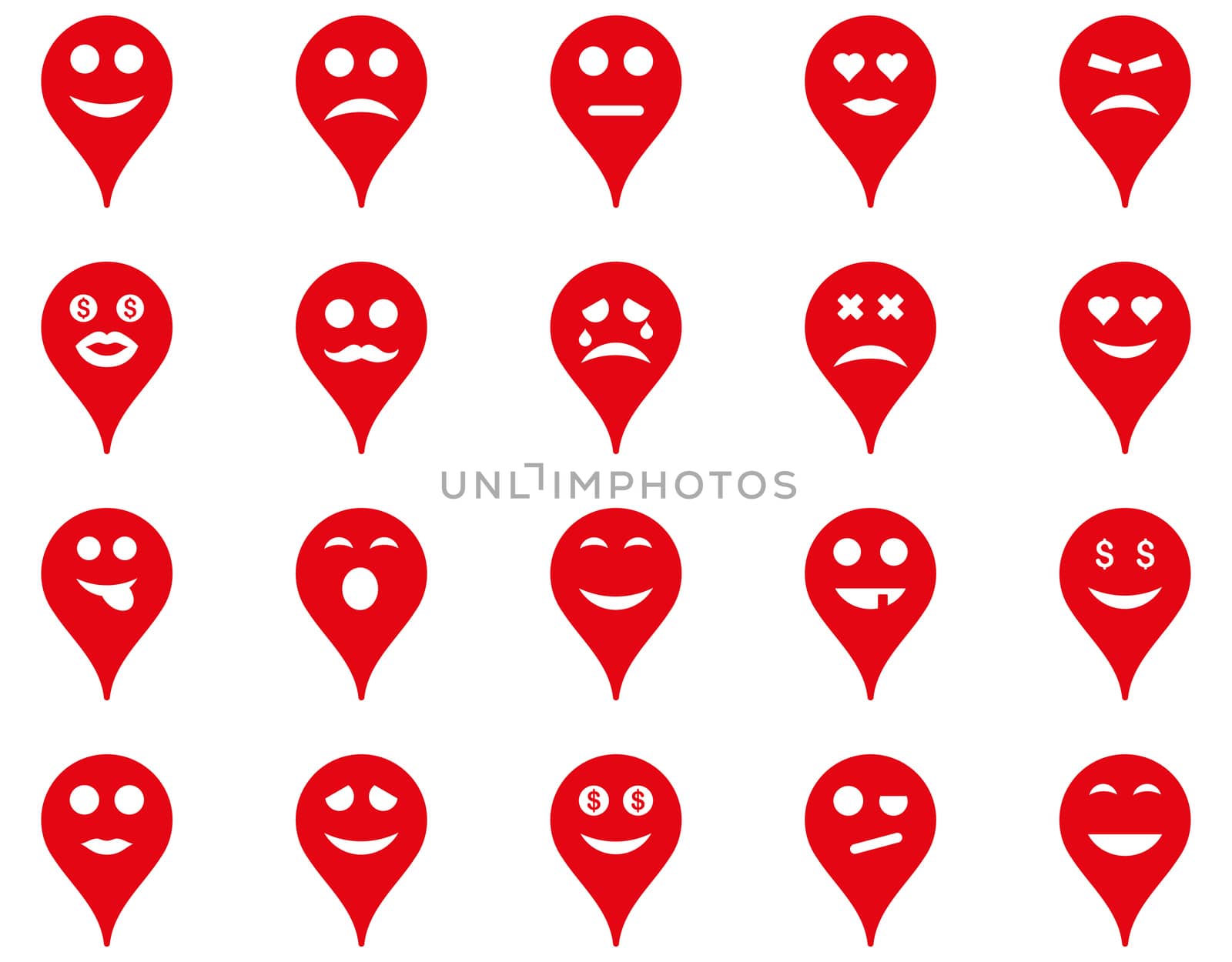 Emotion map marker icons. Glyph set style is flat images, red symbols, isolated on a white background.