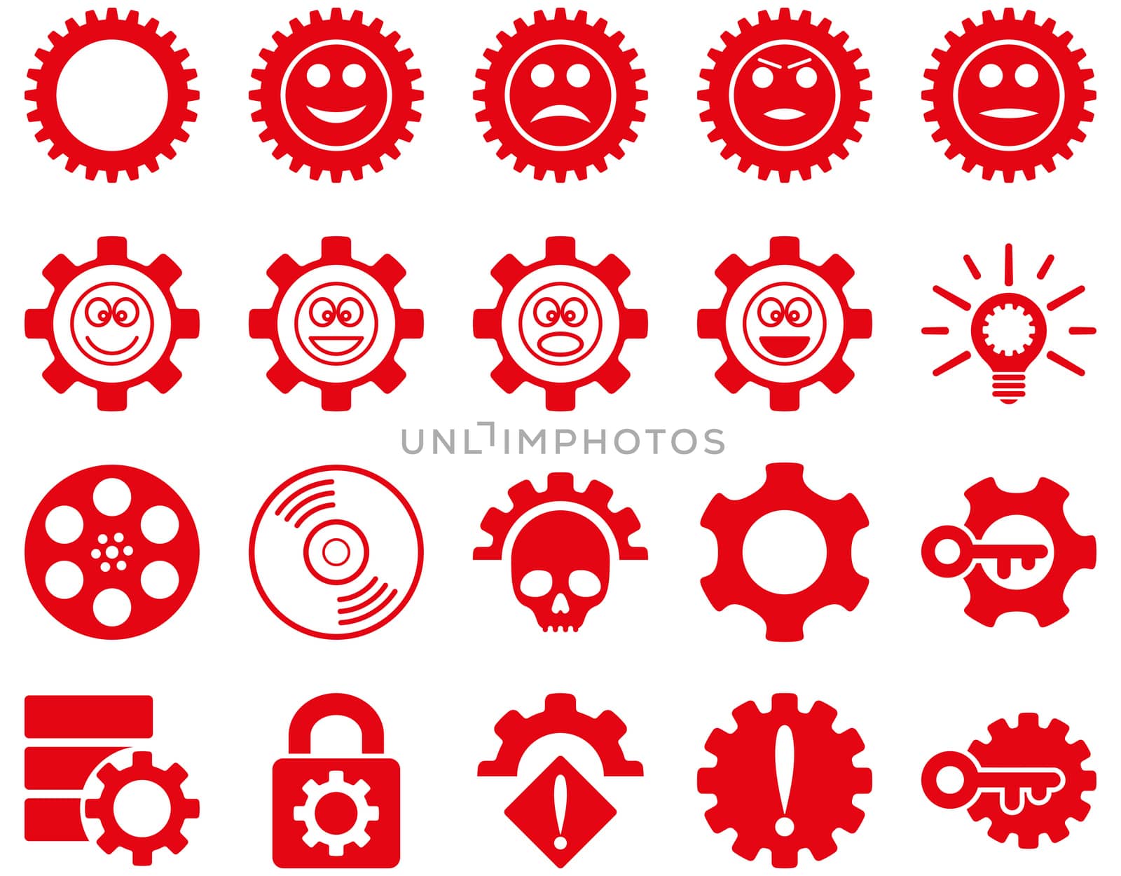 Tools and Smile Gears Icons. Glyph set style is flat images, red color, isolated on a white background.