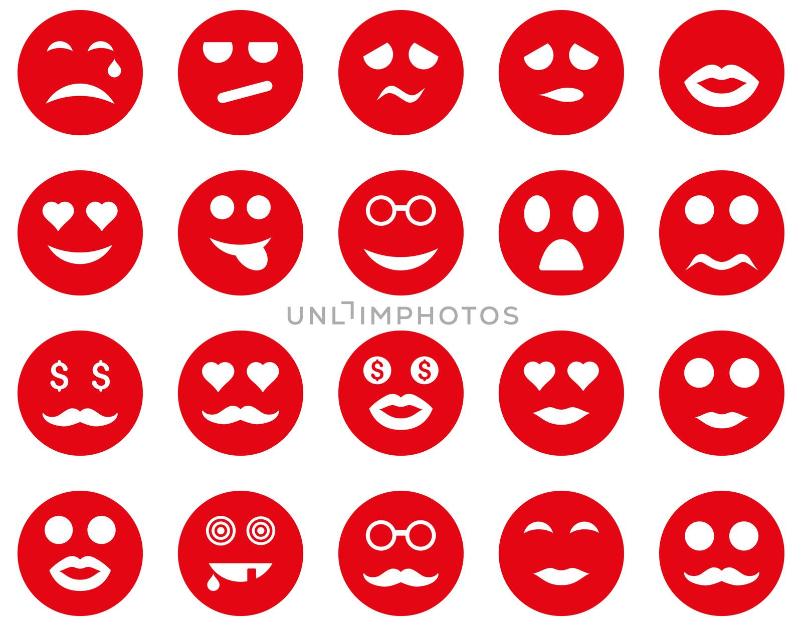 Smile and emotion icons. Glyph set style is flat images, red symbols, isolated on a white background.