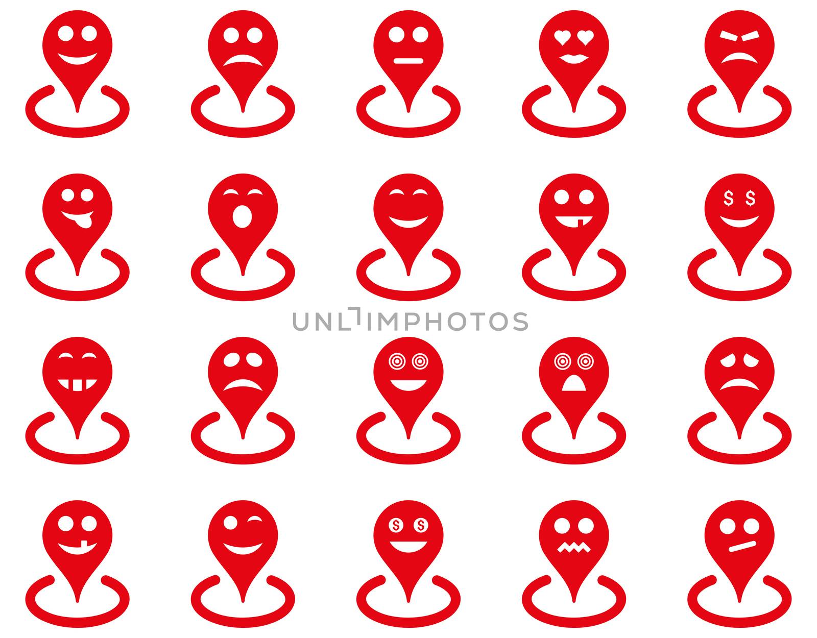 Smiled location icons. Glyph set style is flat images, red symbols, isolated on a white background.