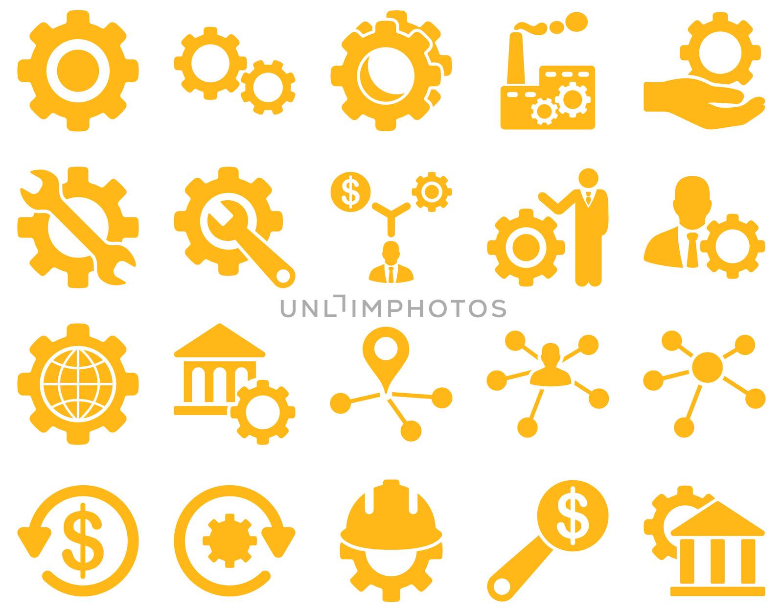 Settings and Tools Icons. Glyph set style is flat images, yellow color, isolated on a white background.