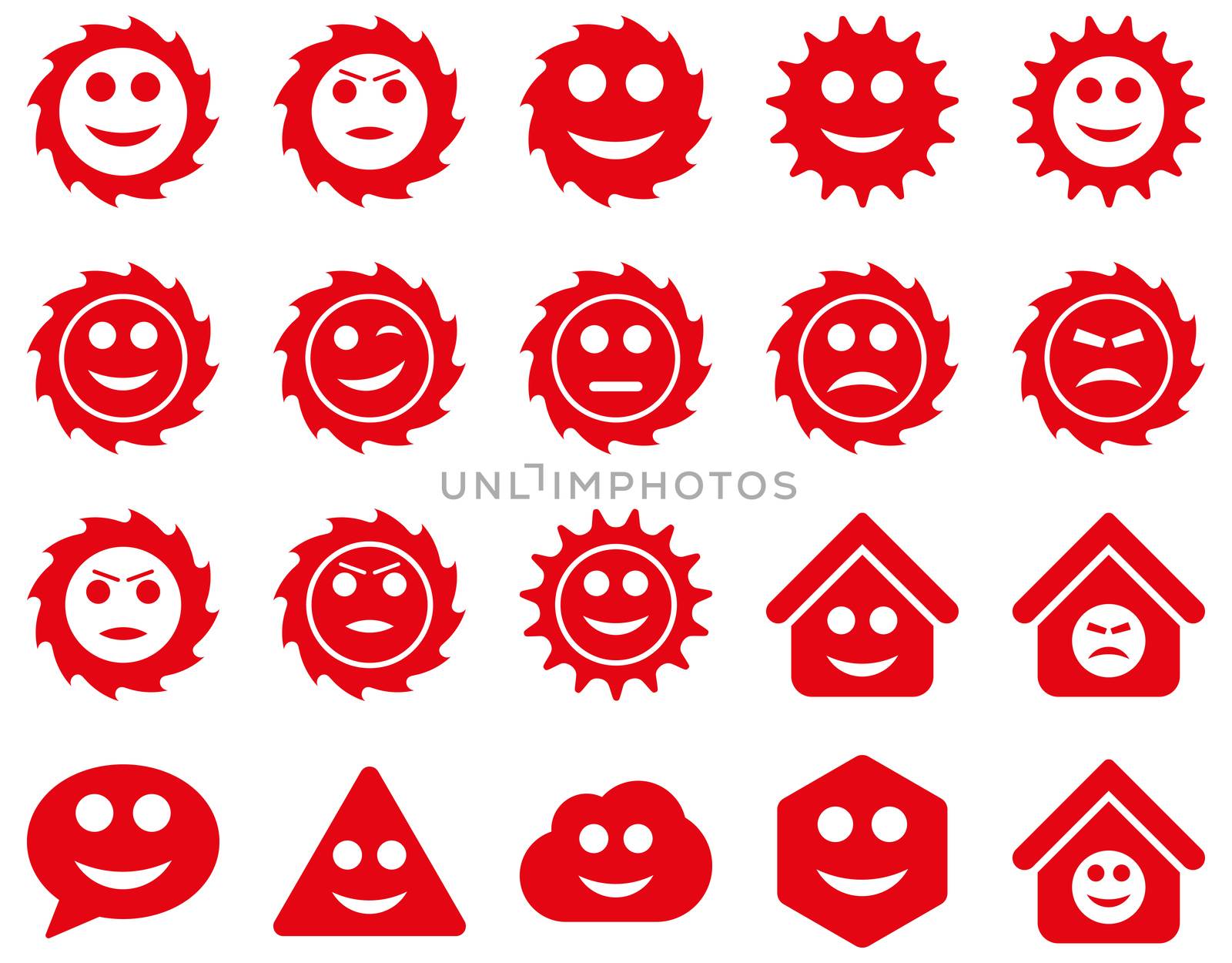 Tools, gears, smiles, emotions icons. Glyph set style is flat images, red symbols, isolated on a white background.