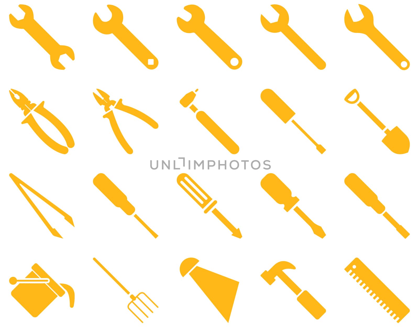 Equipment and Tools Icons. Glyph set style is flat images, yellow color, isolated on a white background.