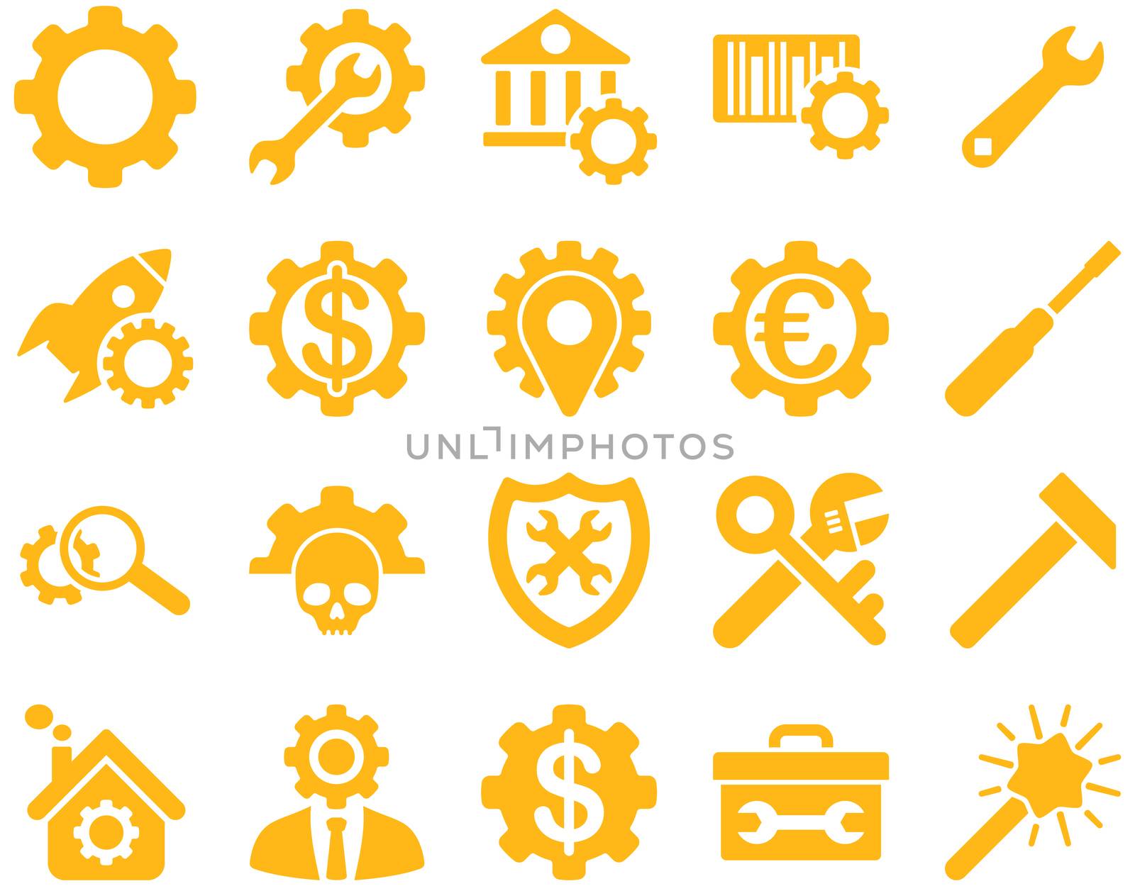 Settings and Tools Icons. Glyph set style is flat images, yellow color, isolated on a white background.